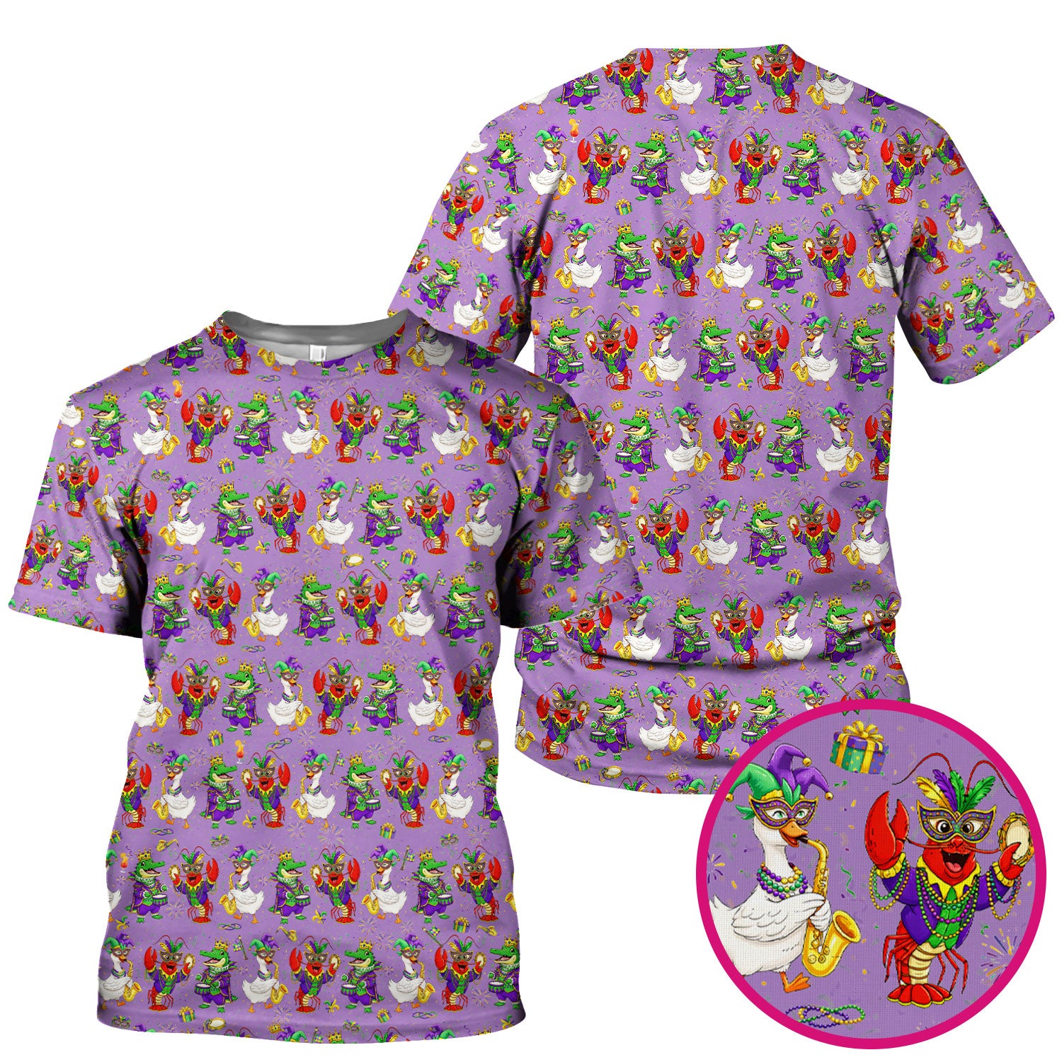 Crawfish And Duck Carnival Scrub Top, Mardi Gras Parade Pattern Nurse Shirt, Breathable Fabrics Nursing Uniform
