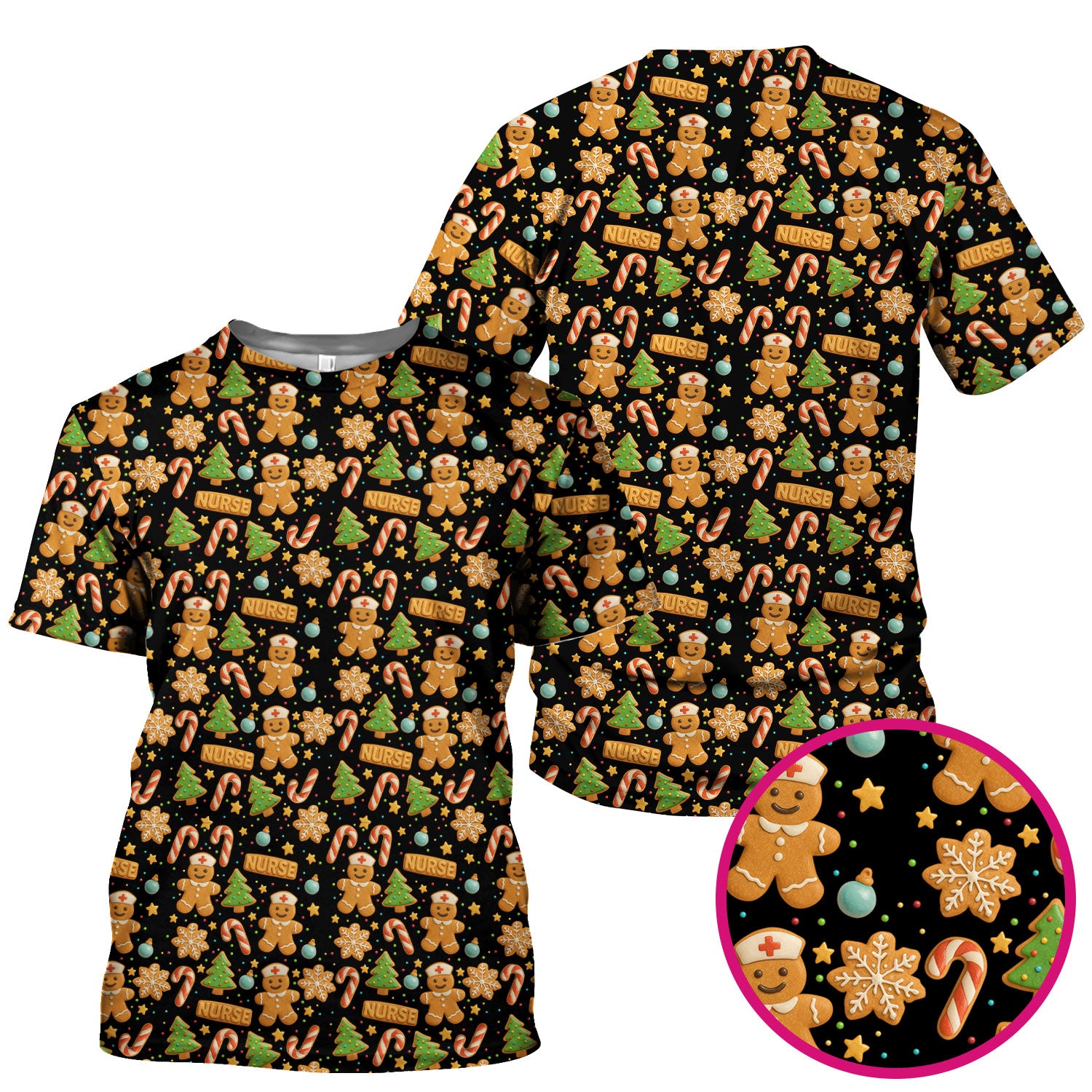 Gingerbread Scrubs Christmas Edition - Cute Cookie Pattern Medical Scrub Top for Women - Holiday Christmas Scrubs with Fun Festive Print