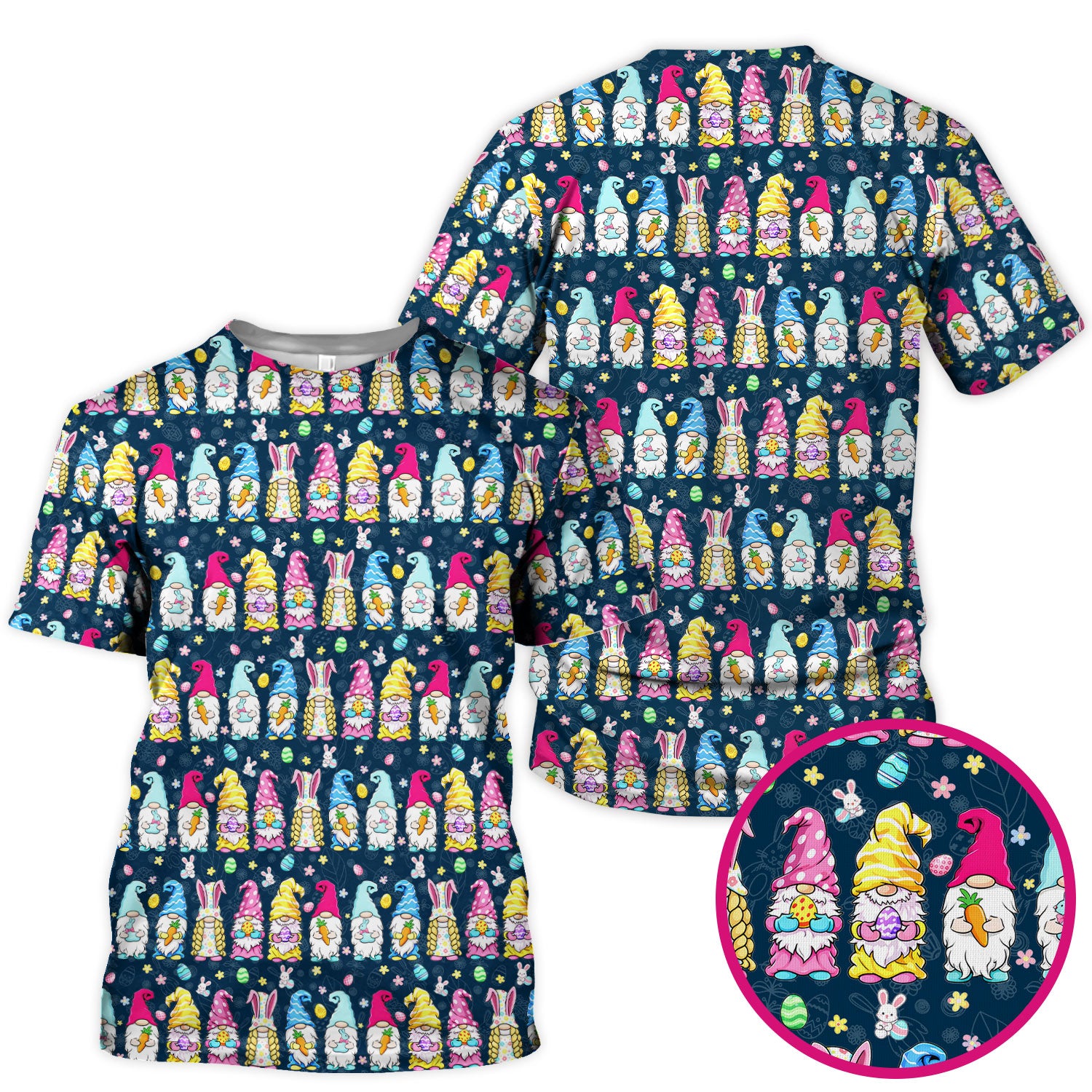 Colorful Easter Gnome Bunny Eggs Print Scrub Top, Comfortable Scrubs for Nurses