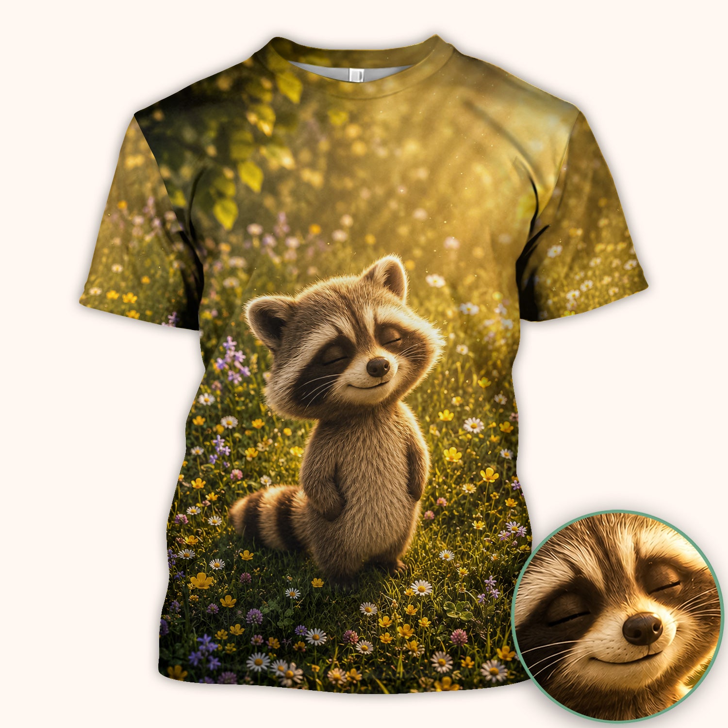 Smiling Raccoon Meadow Flower Pattern Scrub Top, Comfortable Scrubs for Nurses