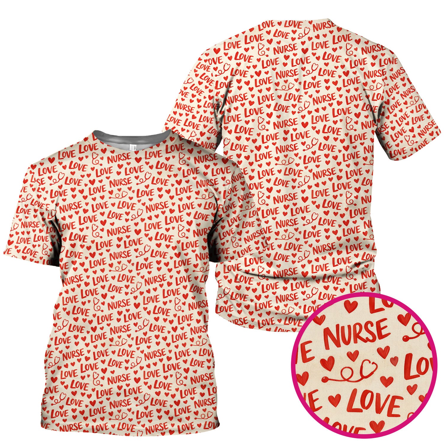 Valentine Pattern Scrub Top, Love Heart Medical Nurse Scrub Shirt, Breathable Fabrics Nursing Uniform