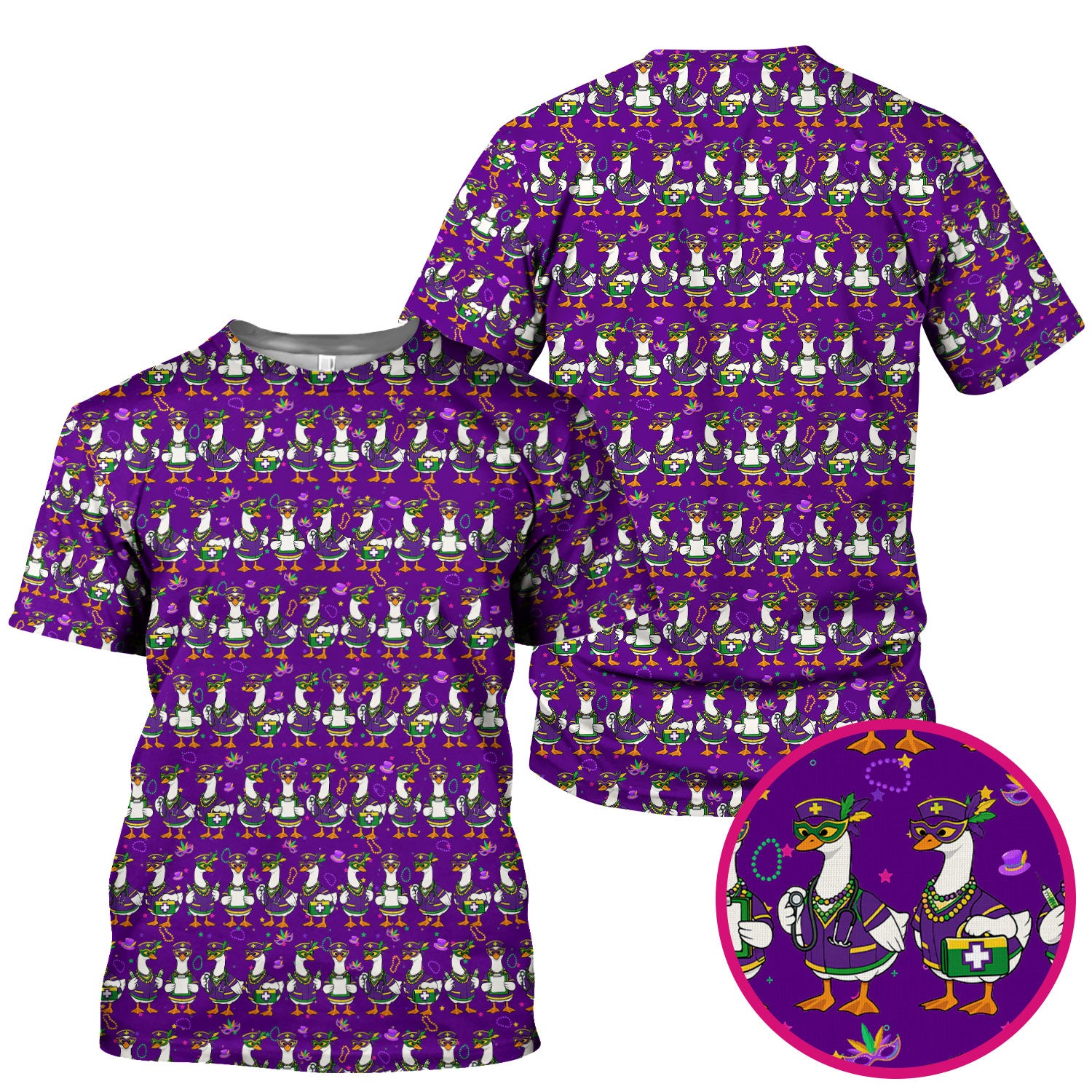 Mardi Gras Nurse Goose Scrub Top, Purple Carnival Parade Medical Pattern Nurse Shirt, Breathable Fabrics Nursing Uniform