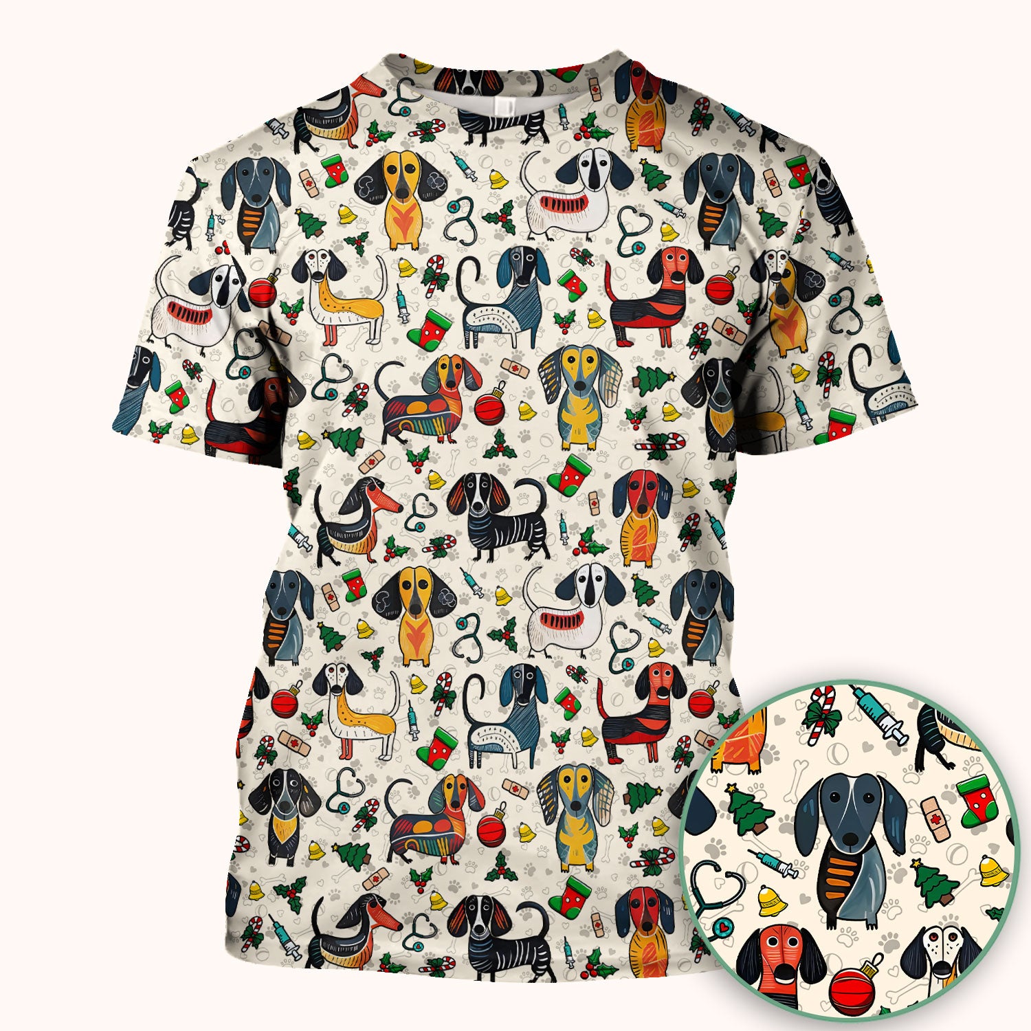 Christmas Wiener Dog Scrub Top - Funny Sausage Dog Nurse Shirt for Women - Holiday Medical Uniform