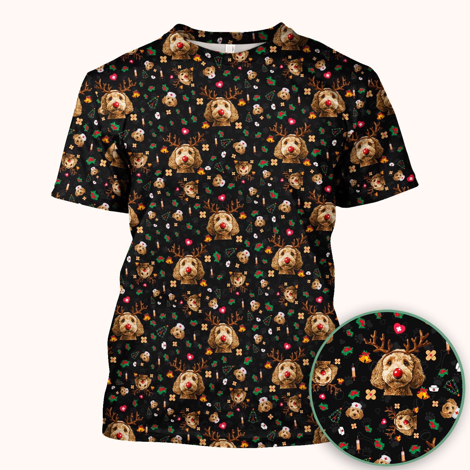 Christmas Labradoodle Scrub Top - Funny Reindeer Dog Nurse Shirt - Cute Holiday Medical Uniform for Women Healthcare Gift