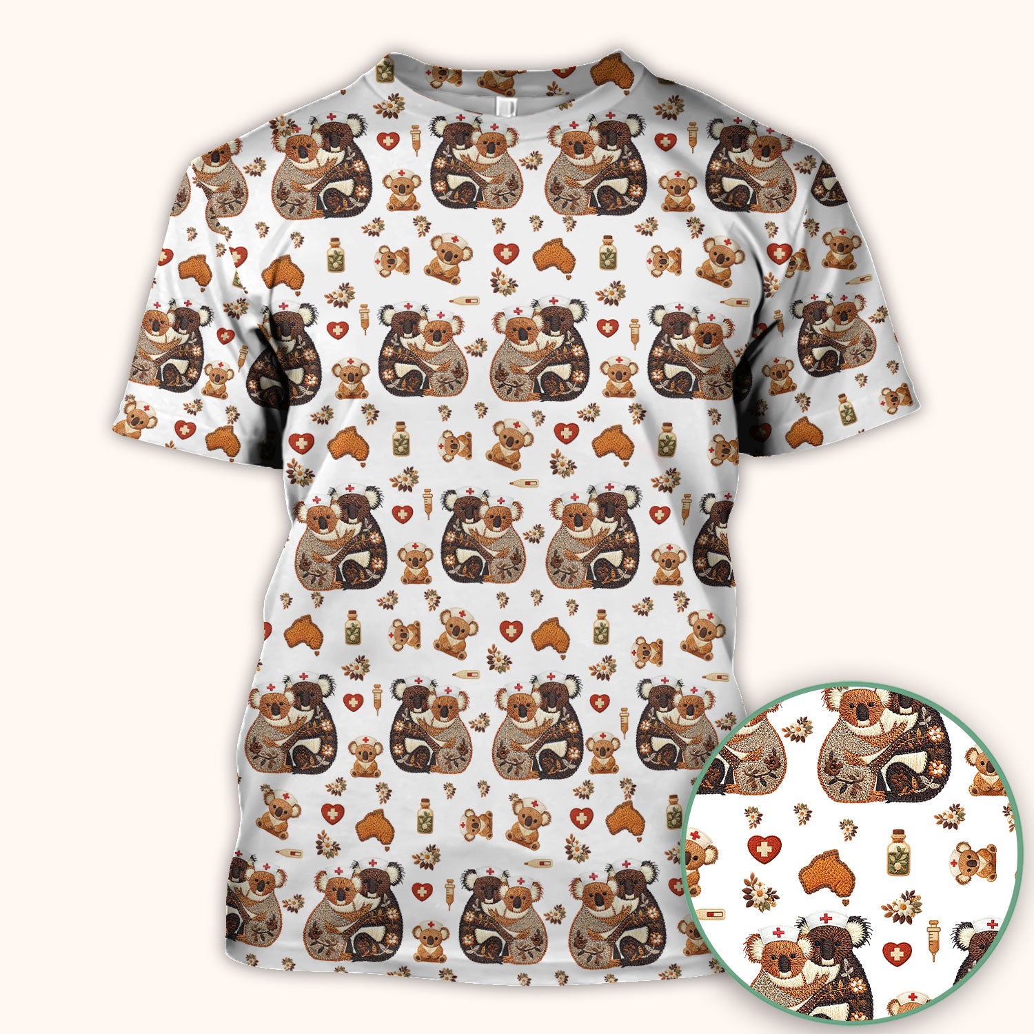 Cute Cartoon Koala Valentine Nurse Design Scrub Top, Breathable Fabrics Nursing Uniform