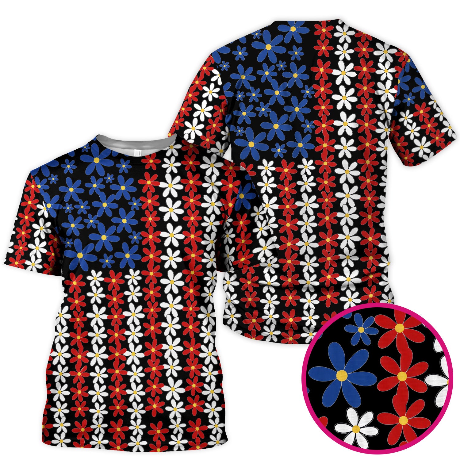 Retro Red Blue Daisy Stripe Pattern Scrub Top, Comfortable Scrubs for Nurses