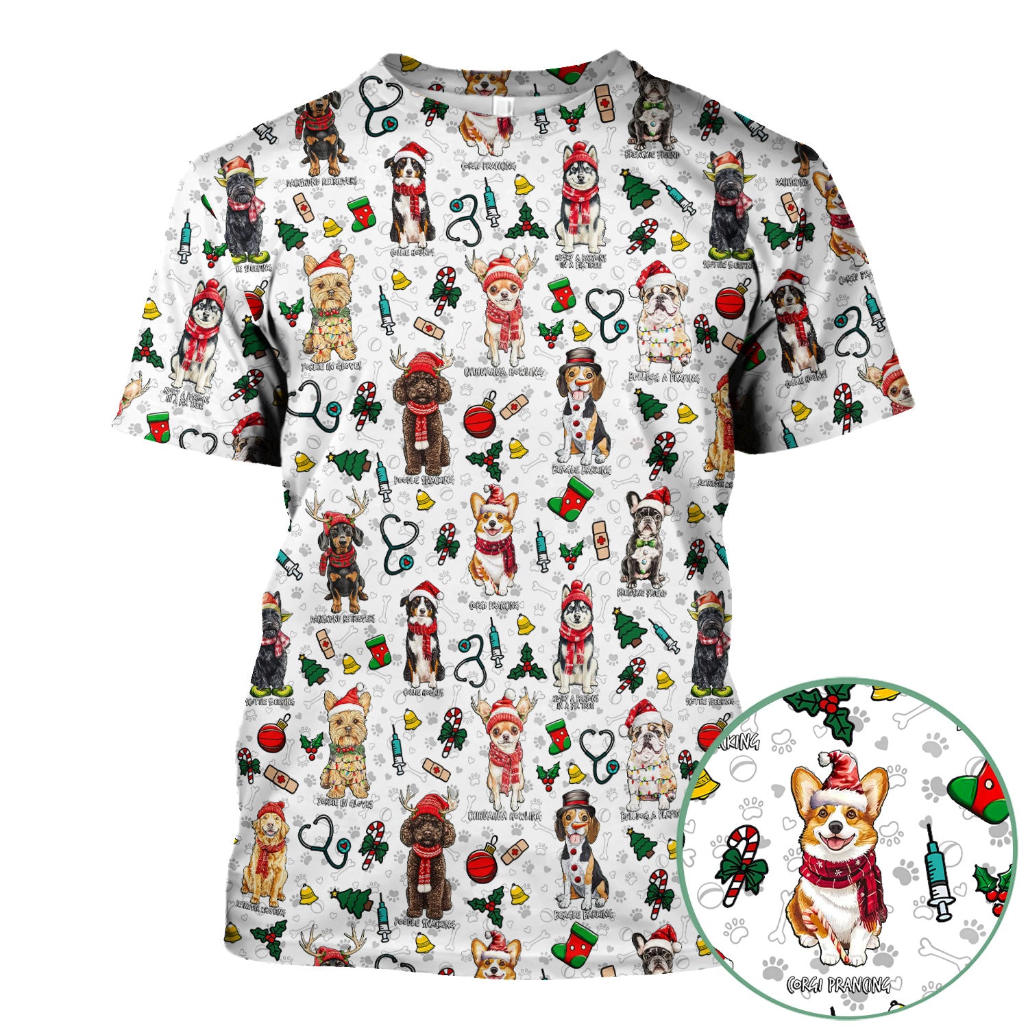 Cute Christmas Dog Scrubs for Nurses - Corgi, Dachshund, Husky, Poodle & Labrador - Funny Holiday Medical Scrub Top for Women