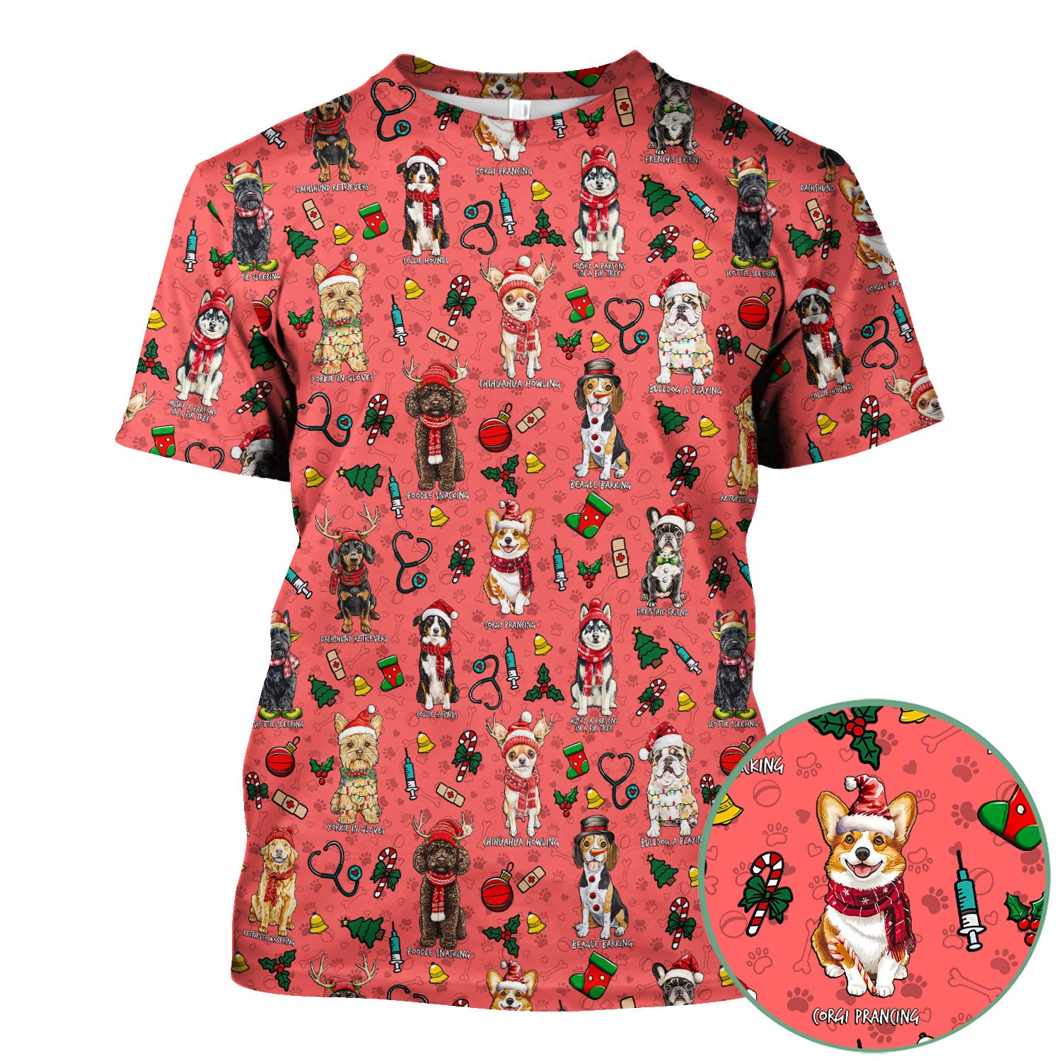 Cute Christmas Dog Scrubs for Nurses - Corgi, Dachshund, Husky, Poodle & Labrador - Funny Holiday Medical Scrub Top for Women
