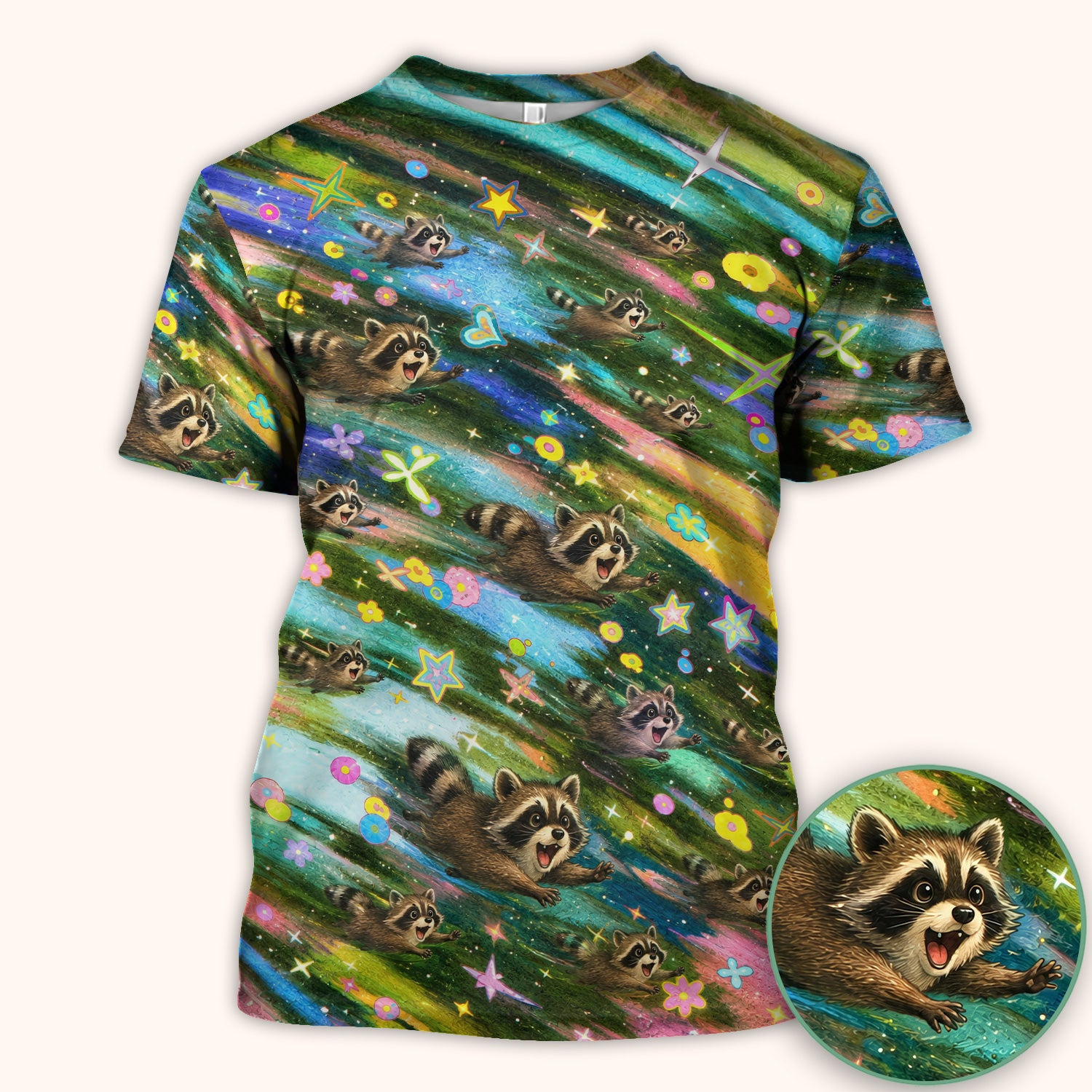 Cute Raccoon Rainbow Dash Pattern Scrub Top, Comfortable Scrubs for Nurses