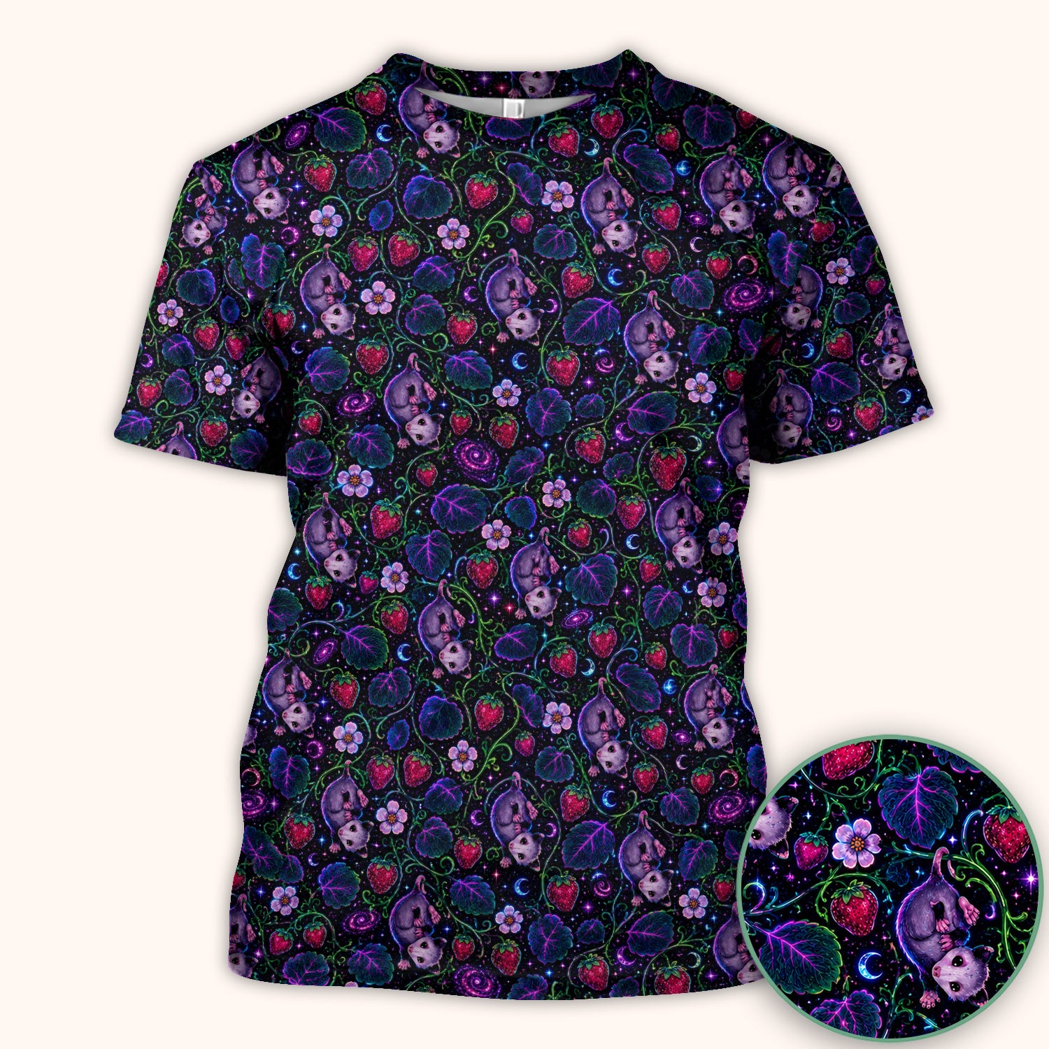 Galaxy Strawberry Opossum Pattern Scrub Top for RN, CNA, Veterinary Staff, Cat Lover Uniform