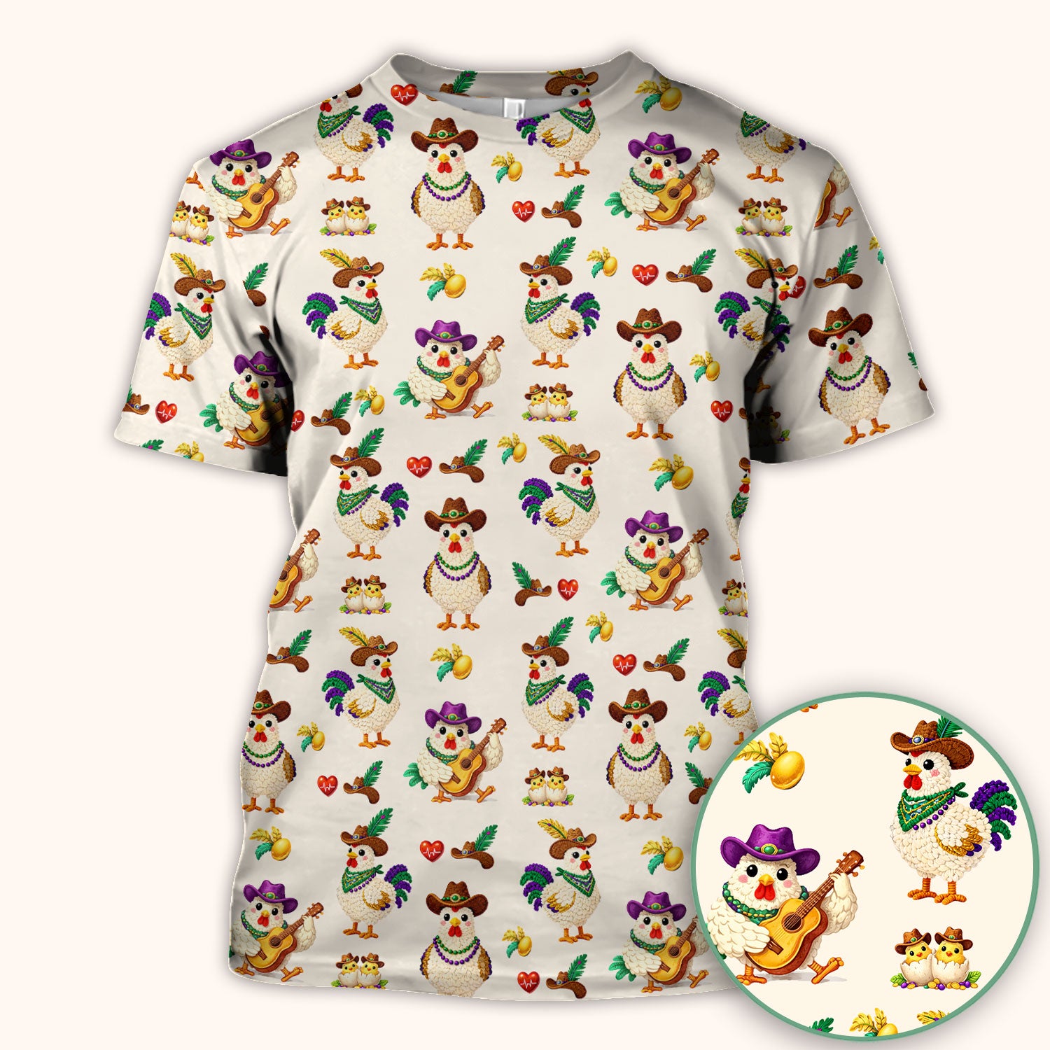 Funny Mardi Gras Rooster Cowboy Print Scrub Top, Comfortable Scrubs for Nurses