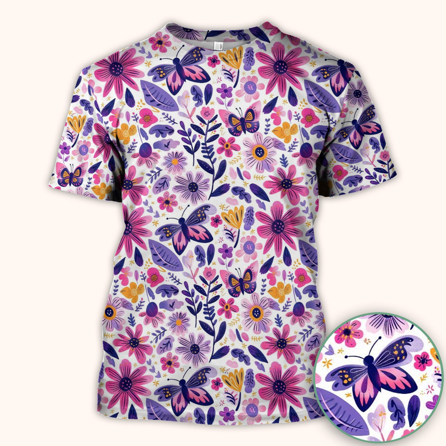 Cute Butterfly Wildflower Garden Pattern Scrub Top, Comfortable Scrubs for Nurses