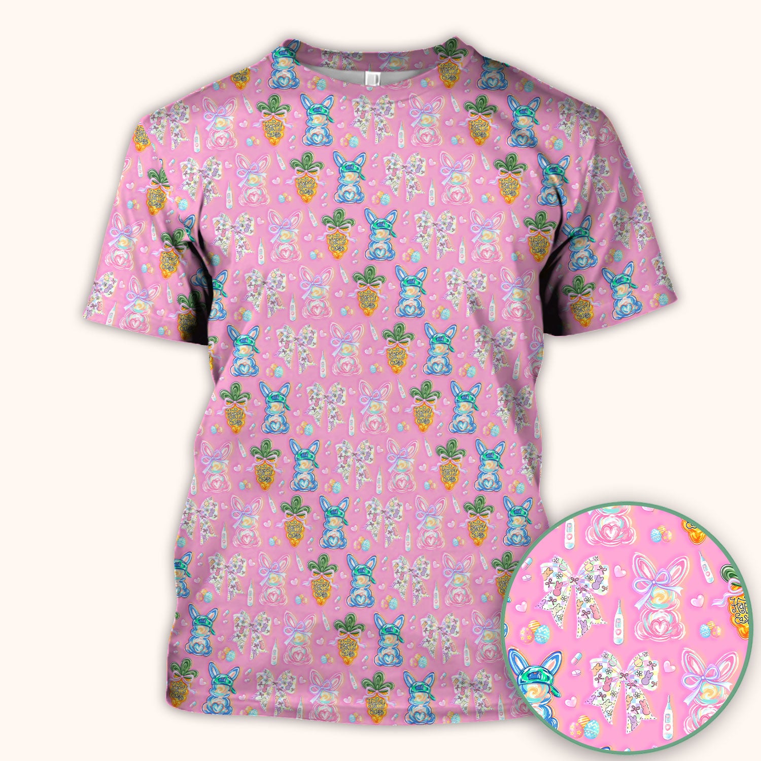 Easter Bunny Carrot Bow Floral Print Scrub Top, Comfortable Scrubs for Nurses