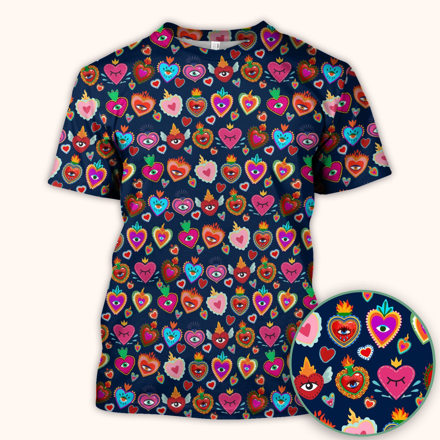 Valentine Colorful Sacred Heart Print Medical Scrub Top, Comfortable Scrubs for Nurses