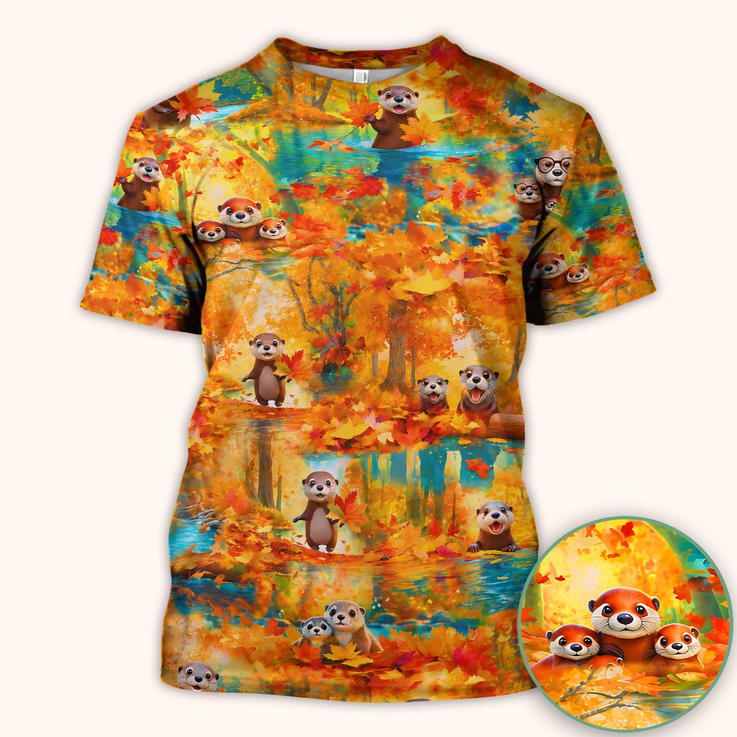 Cute Autumn Otter Leaf Forest Pattern Scrub Top, Comfortable Scrubs for Nurses