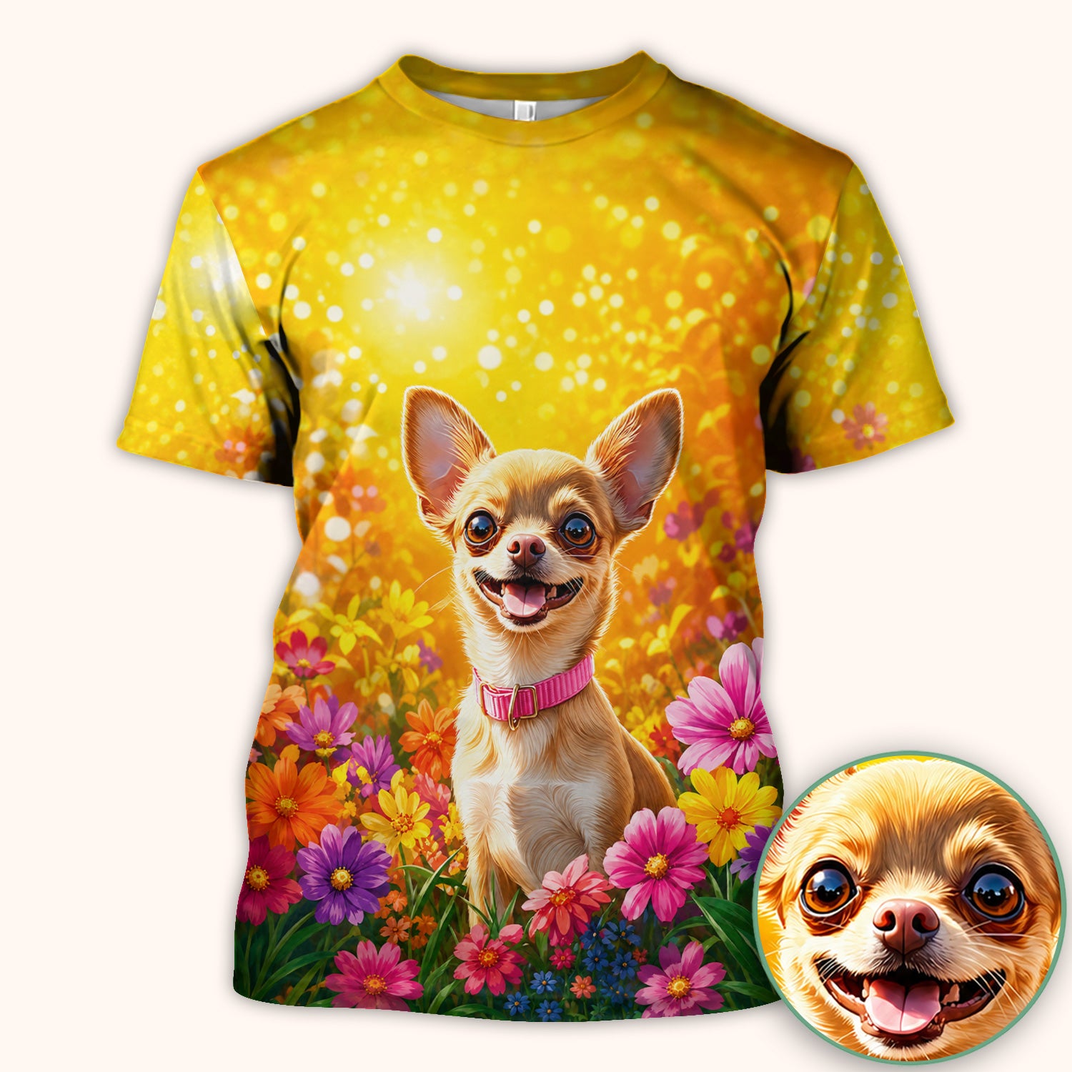 Cute Chihuahua Flower Meadow Pattern Scrub Top, Comfortable Scrubs for Nurses