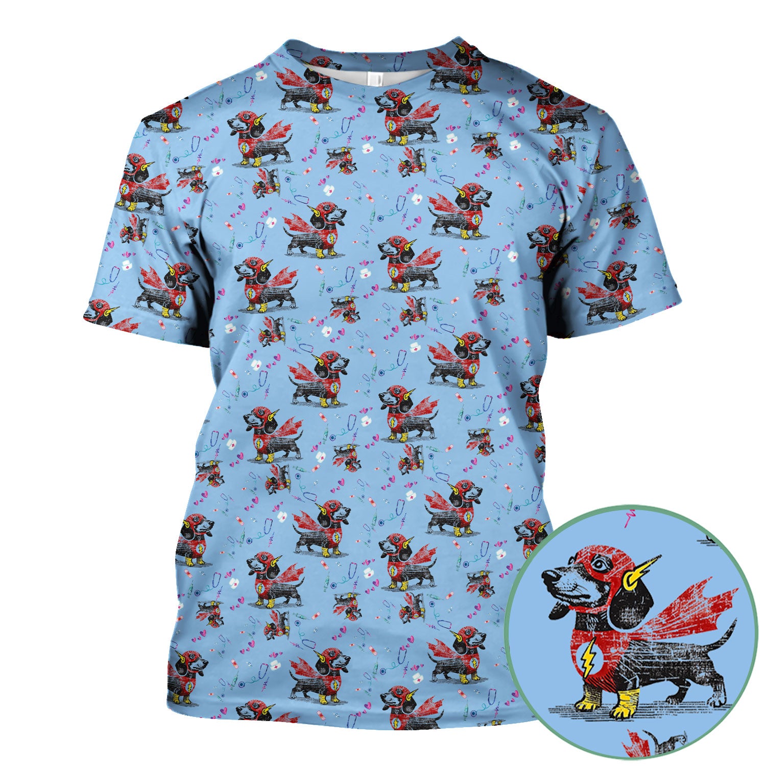 Dachshund Hero Scrub Top for Nurses - Super Nurse Funny Flash Dog Print Medical Uniform Shirt - Cute Sausage Dog Gift for RN CNA LPN