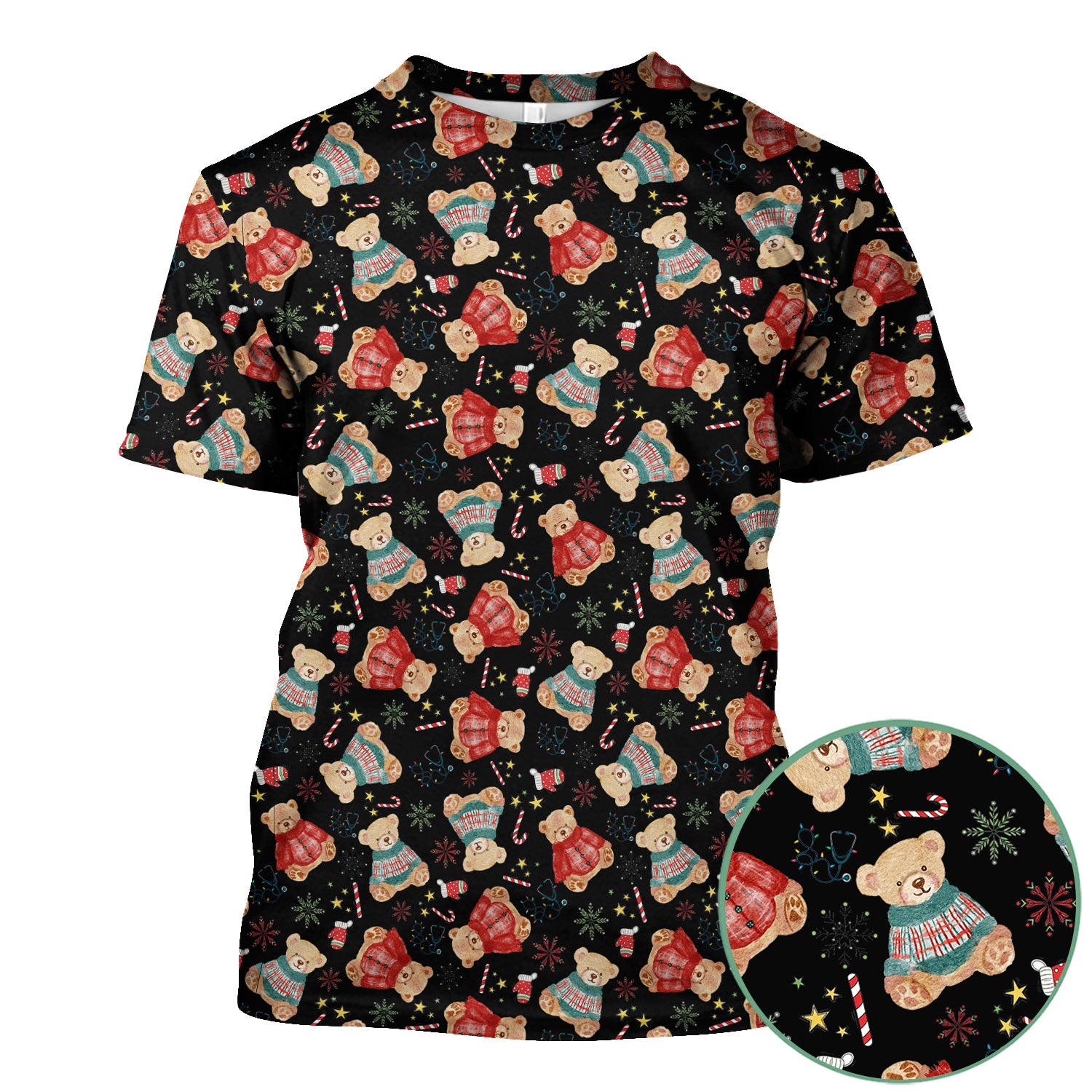 Funny Christmas Scrub Shirt - Cute Bear Winter Print Scrubs - Holiday Medical Scrub Top Gift for Women, Men, CNA RN, Doctor Nurse Christmas Outfit