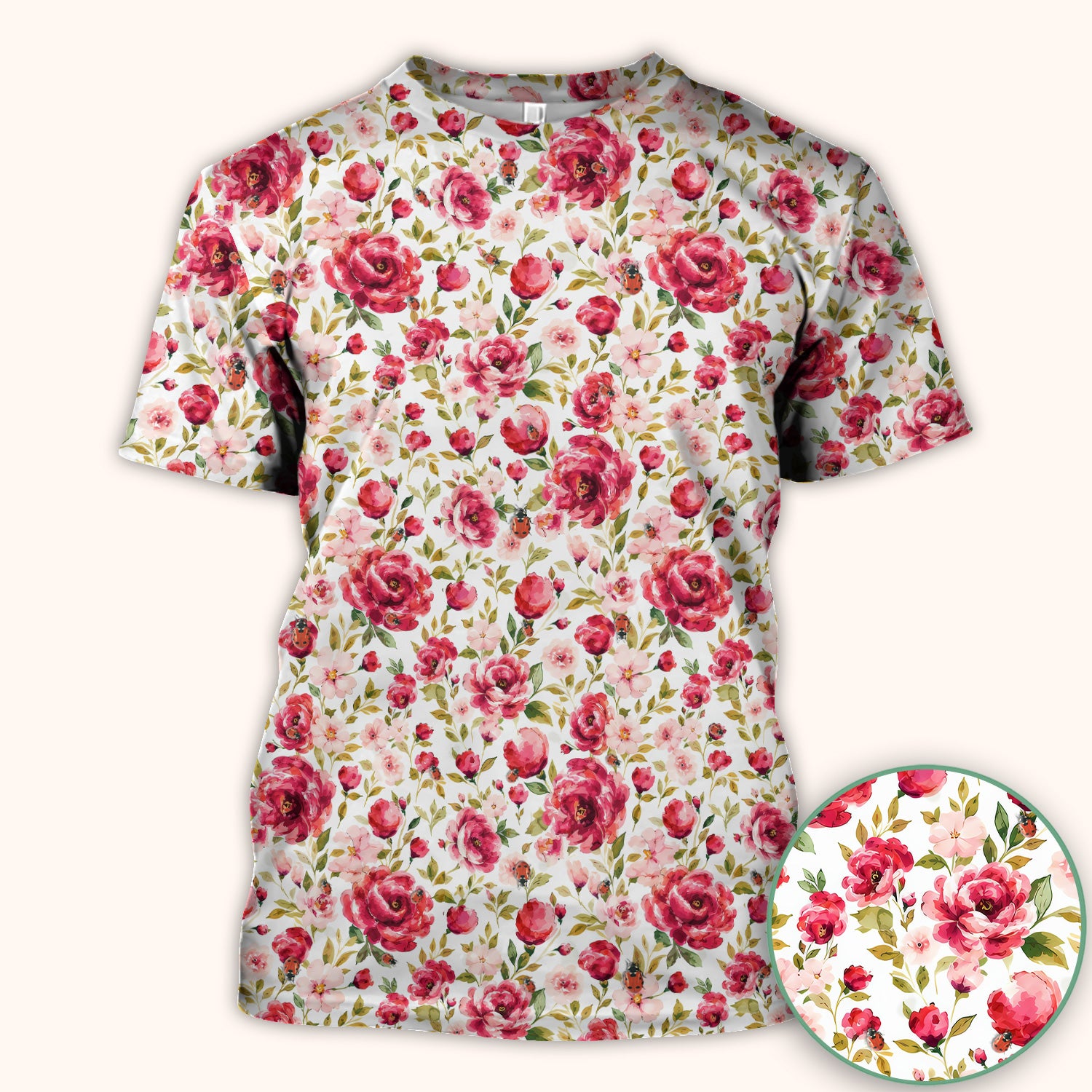 Pink Rose Ladybug Garden Pattern Scrub Top, Comfortable Scrubs for Nurses
