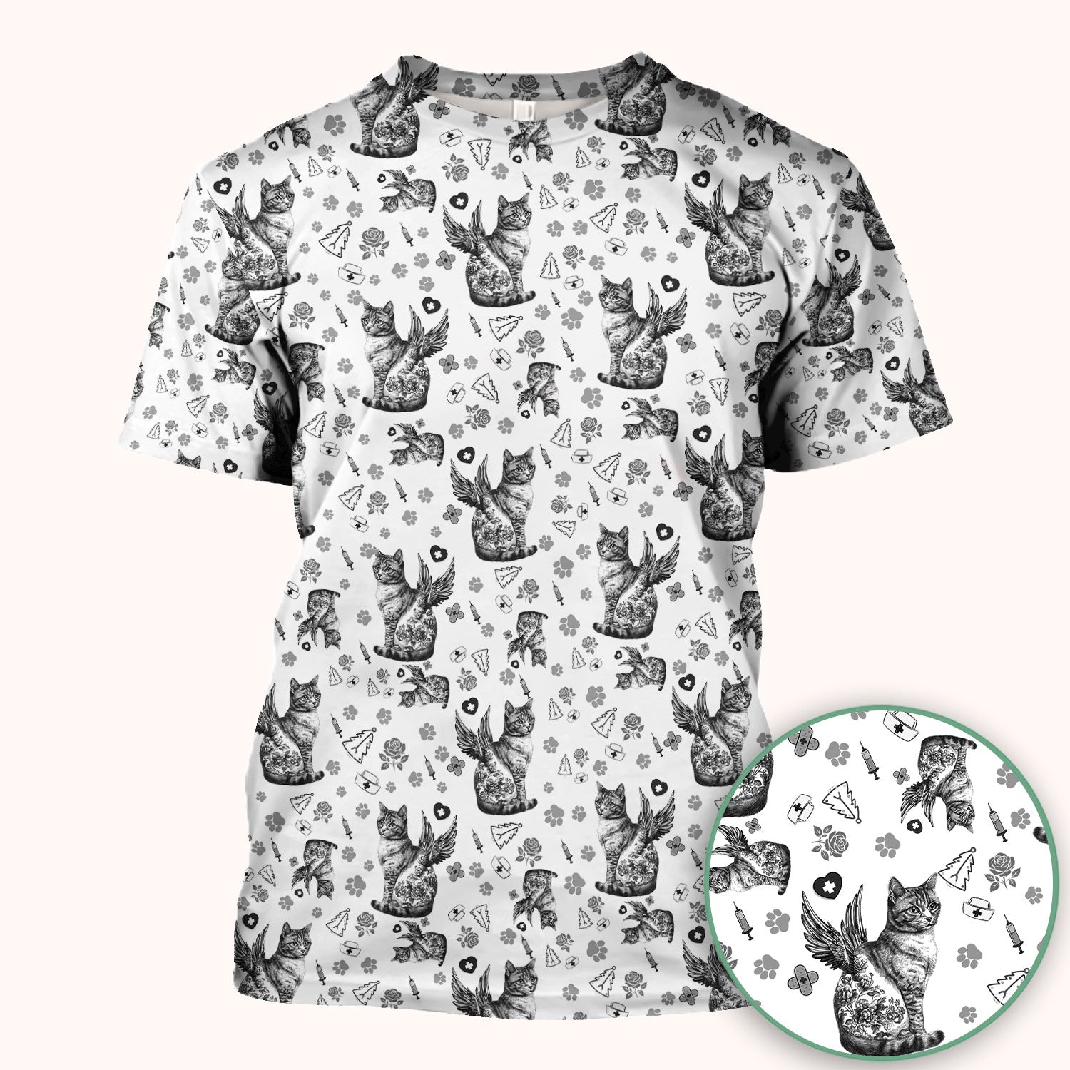 Toile de Jouy Cat Angel Scrub Top - Blue Vintage Nurse Shirt - French Style Medical Uniform for Women RN LPN CNA Gift