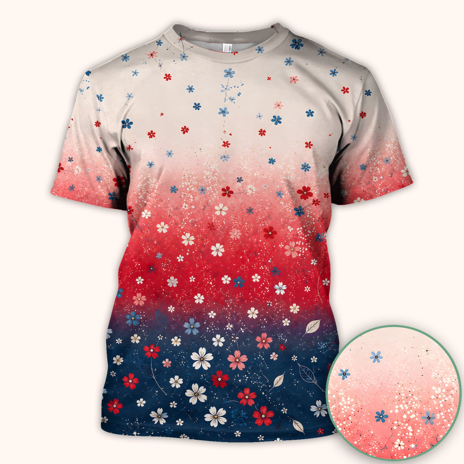 Patriotic Red White Blue Floral Ombre Print Scrub Top, Comfortable Scrubs for Nurses