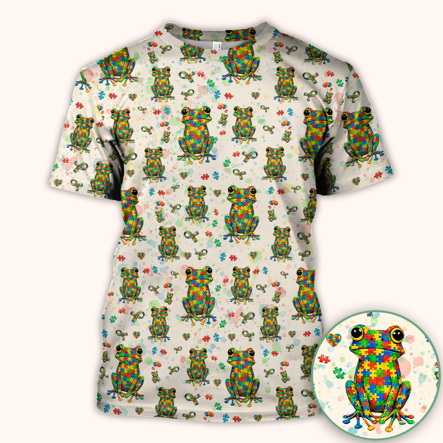 Colorful Autism Puzzle Frog Pattern Scrubs Top, Comfortable Scrubs for Nurses