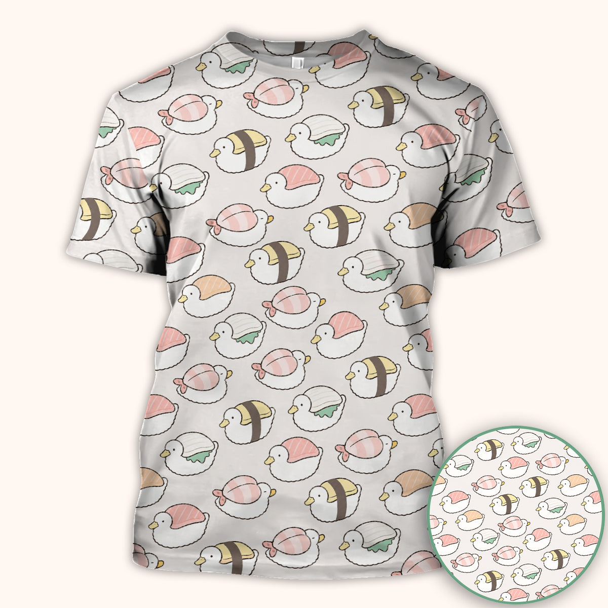 Cute Nigiri Sushi Ducks Pattern Scrub Top, Comfortable Scrubs for Nurses