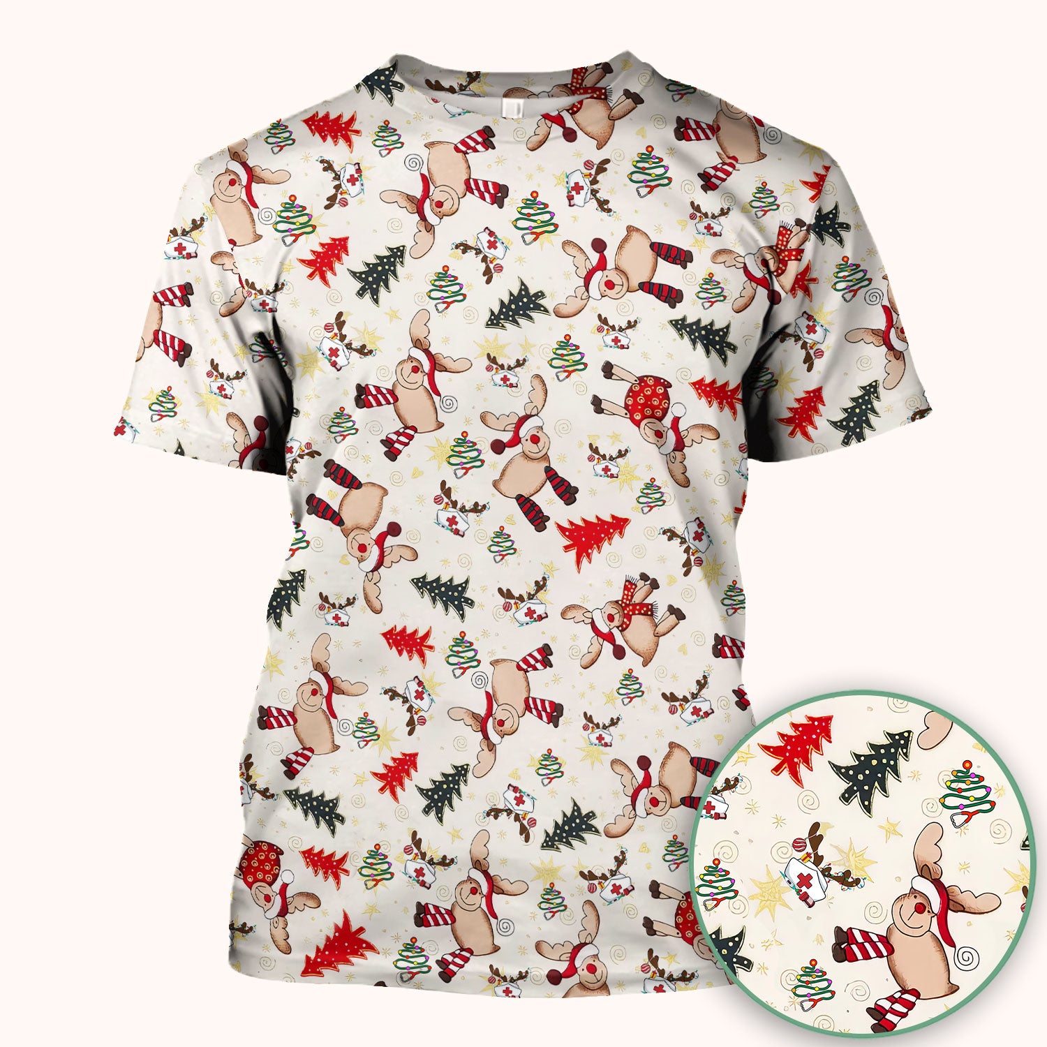 Cute Reindeer Christmas Nurse Scrub Top - Festive Holiday Medical Shirt - Comfortable Scrubs for Women RN CNA LPN