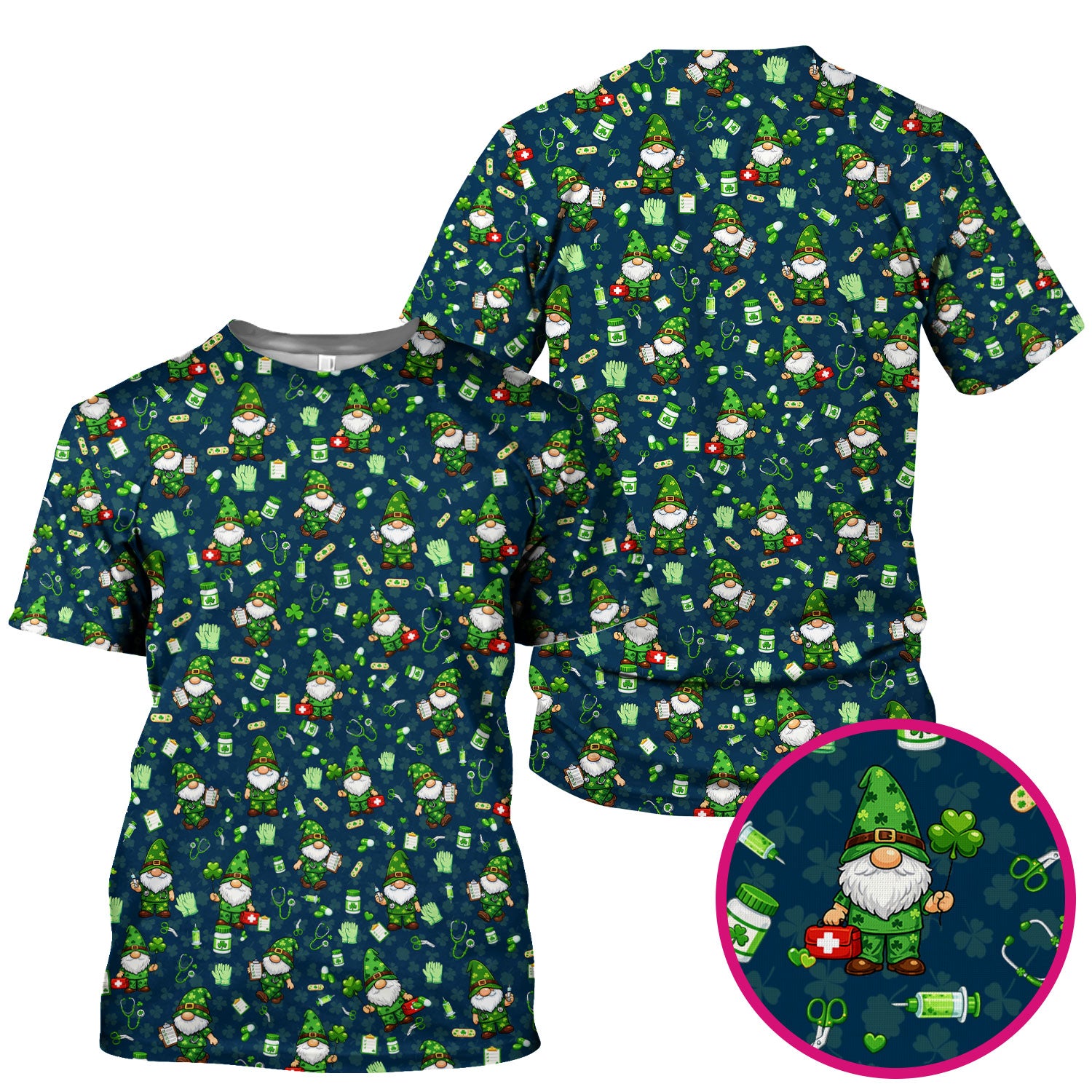 St. Patrick’s Day Nurse Gnome Scrub Top, Green Lucky Medical Pattern Nurse Shirt, Breathable Fabrics Nursing Uniform