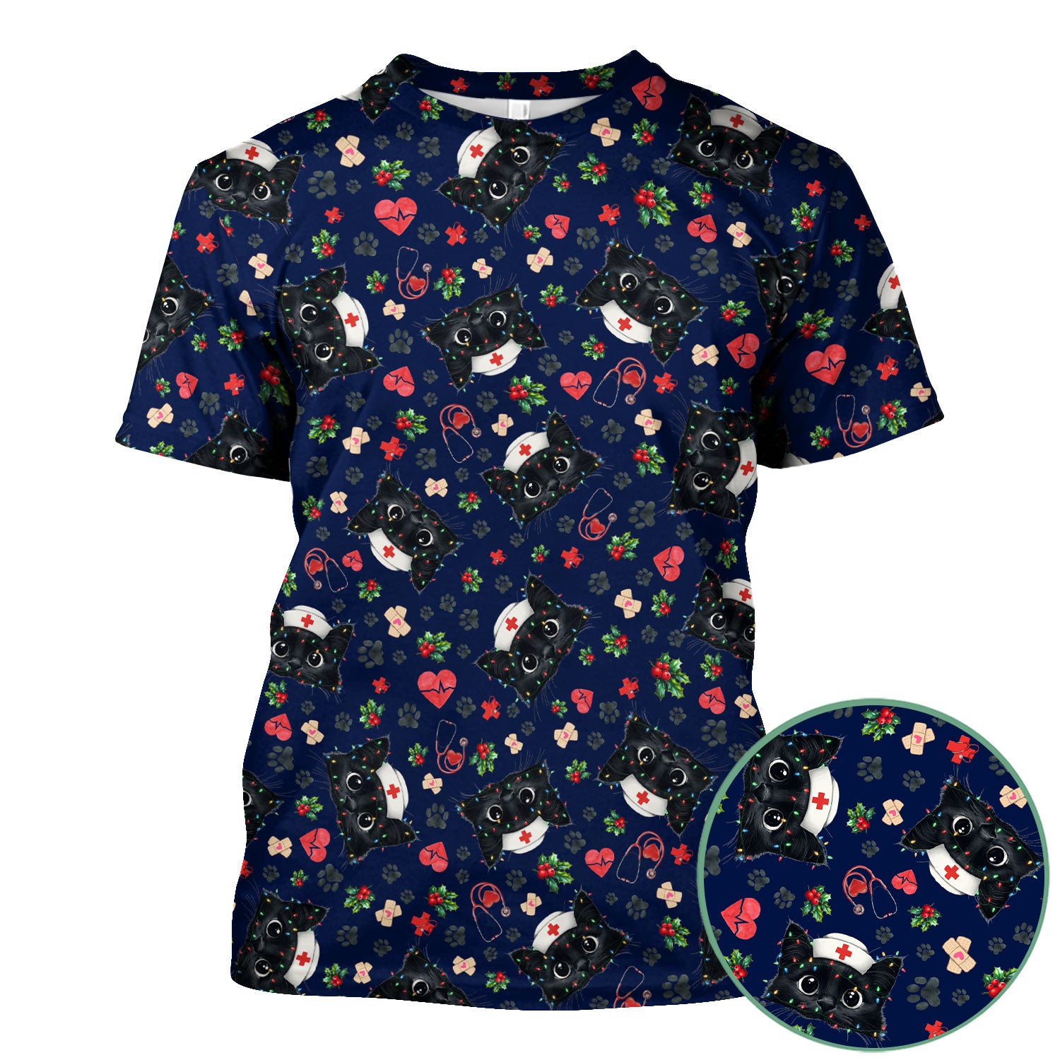 Funny Cats Scrub Top for Nurses - Black Kittens Christmas Medical Uniform - Jolly Holiday Gift for RN CNA LPN