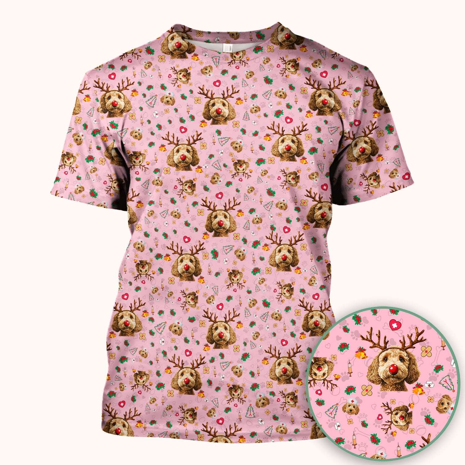 Labradoodle Reindeer Christmas Scrub Top - Funny Dog Nurse Shirt - Cute Holiday Medical Uniform for Women RN LPN CNA Gift
