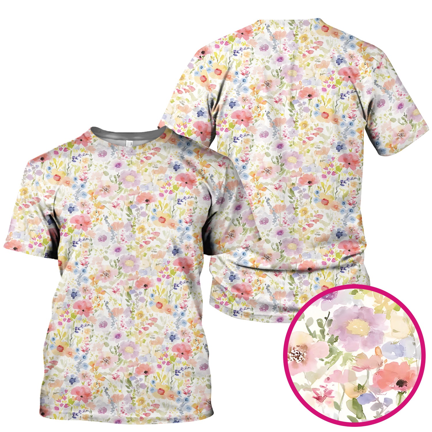 Pastel Watercolor Floral Nursing Scrub Shirt V-Neck Medical Work Top