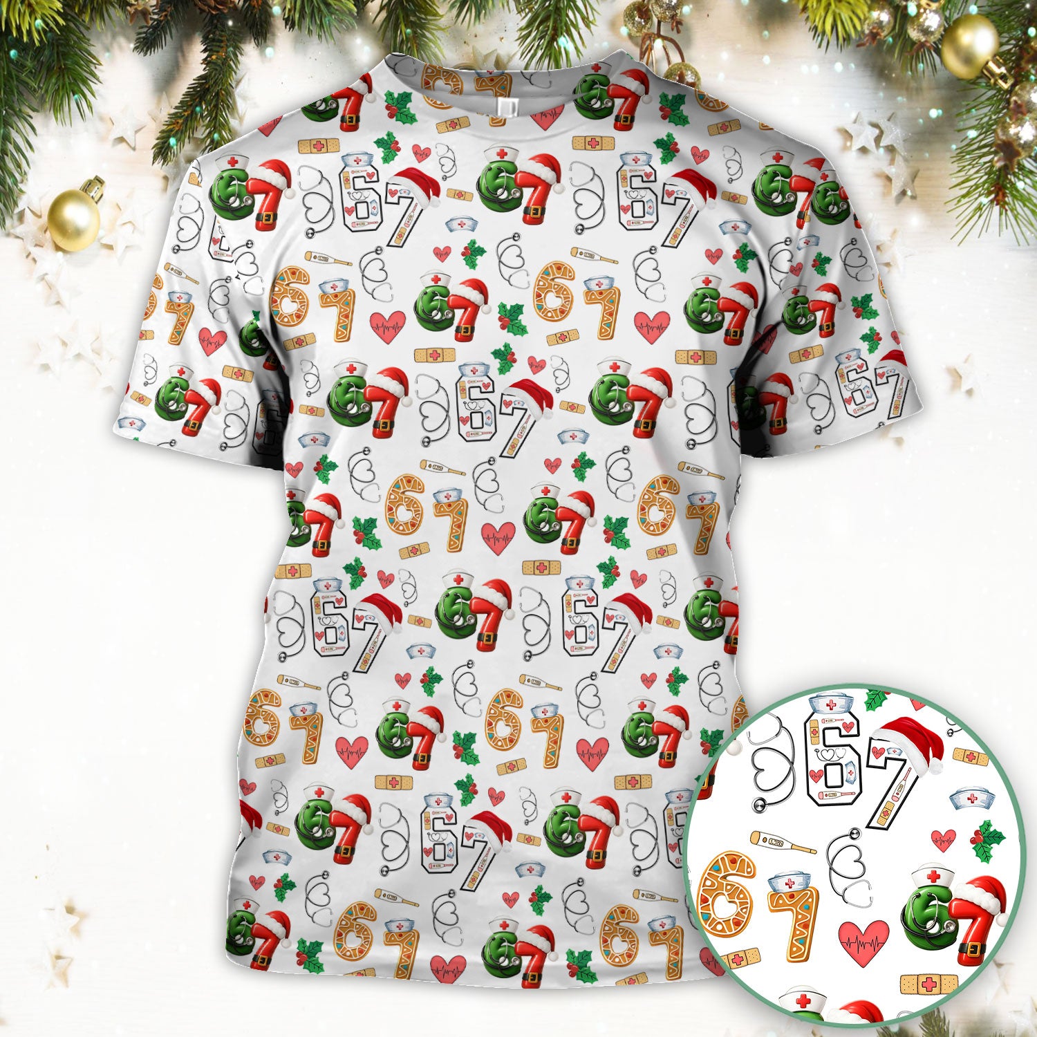 Christmas Nurse 67 Pattern Scrub Top, Cute Holiday Medical Shirt With Santa Hat, Uniform For Nursing