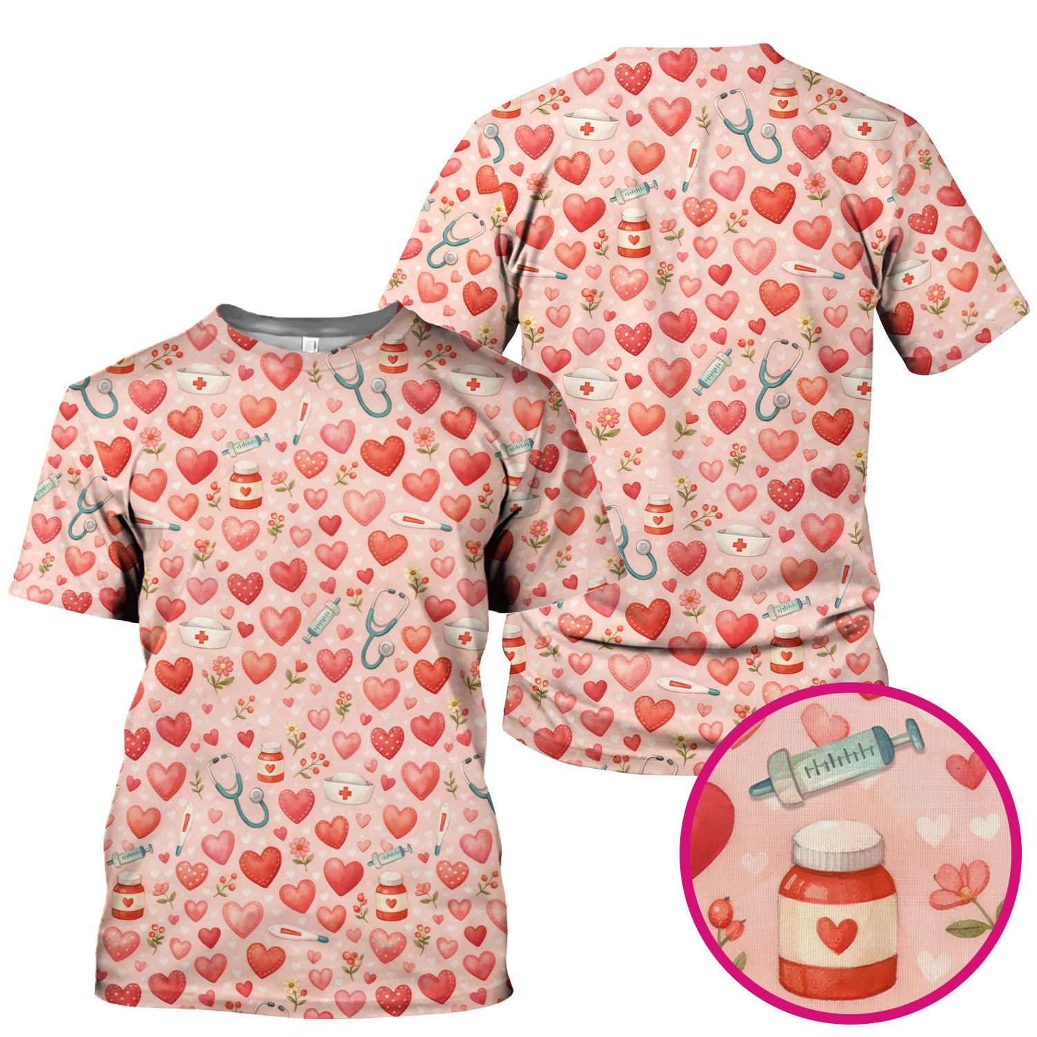 Cute Medical Heart Pattern Scrub Top, Valentine Nurse Scrub Shirt, Breathable Fabrics Nursing Uniform