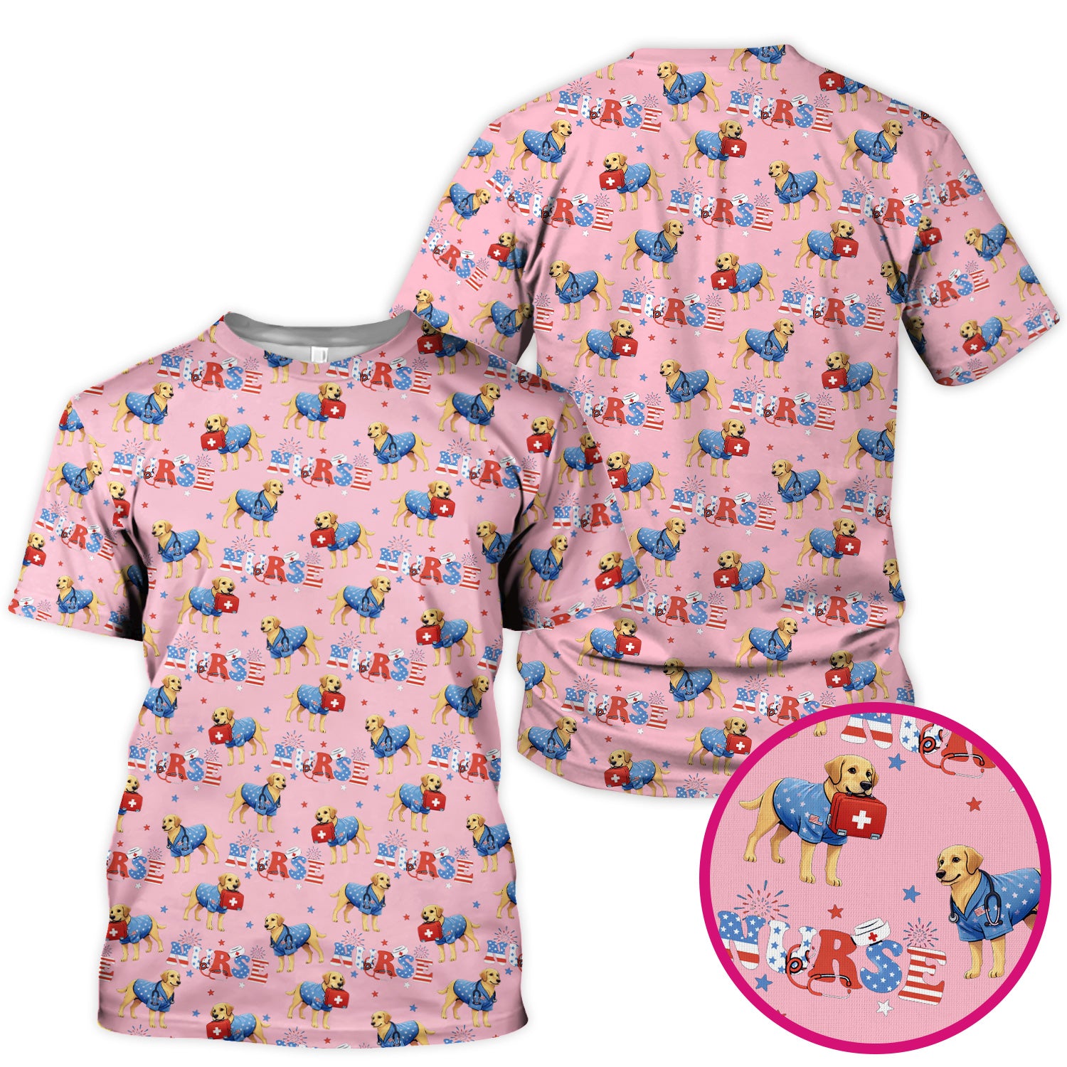 Patriotic Nurse Dog Medical Pattern Scrub Top, Breathable Fabrics Nursing Uniform