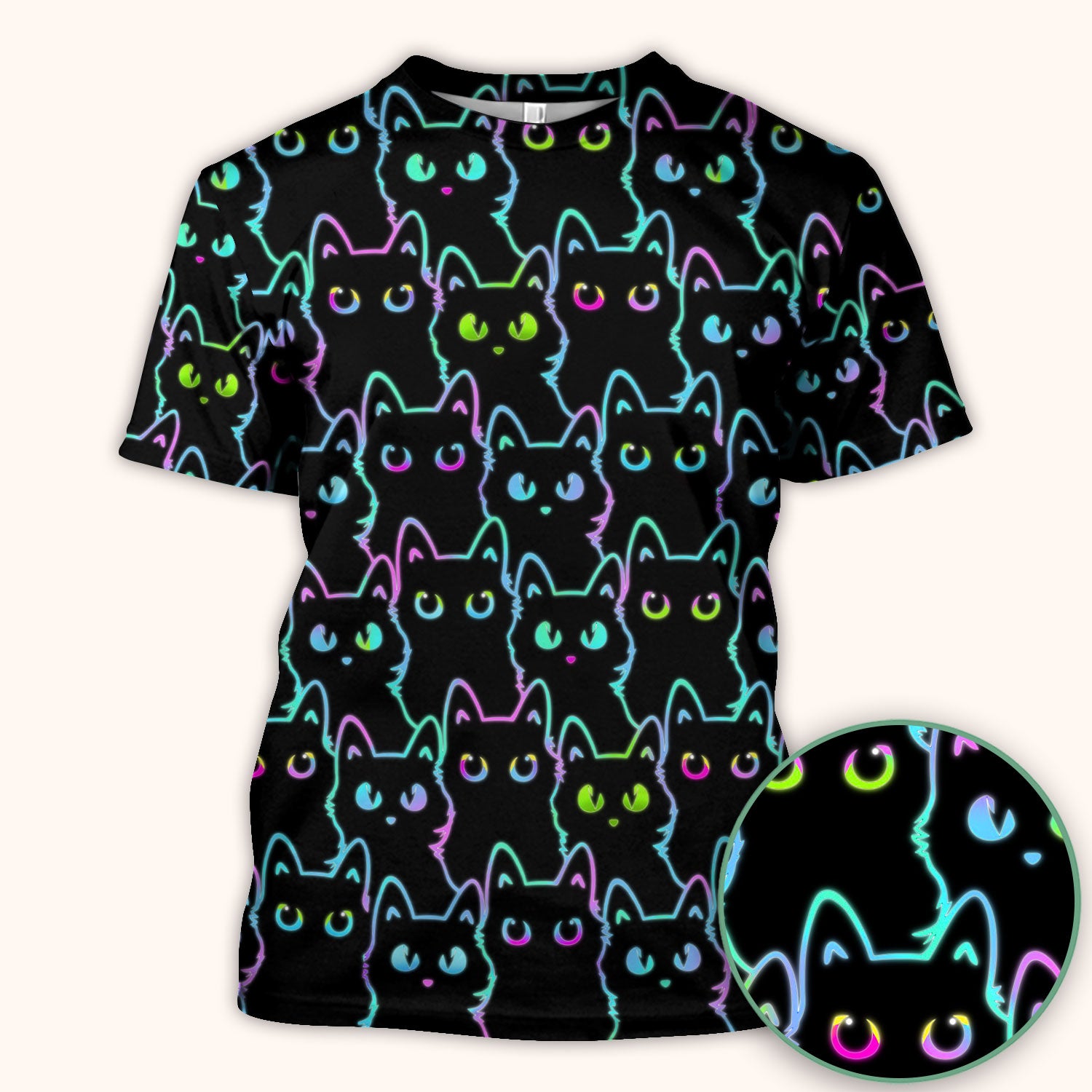 Neon Cat Pattern Scrub Top, Black Cat Scrub Shirt, Breathable Fabrics Nursing Uniform