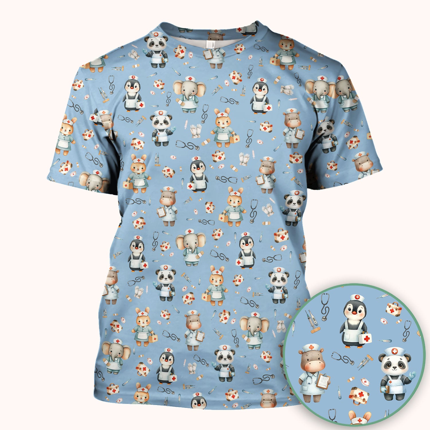 Cute Animal Scrub Top for Women - Panda Bunny Penguin Print Med Uniform - Comfortable Pastel Scrubs for Nurses
