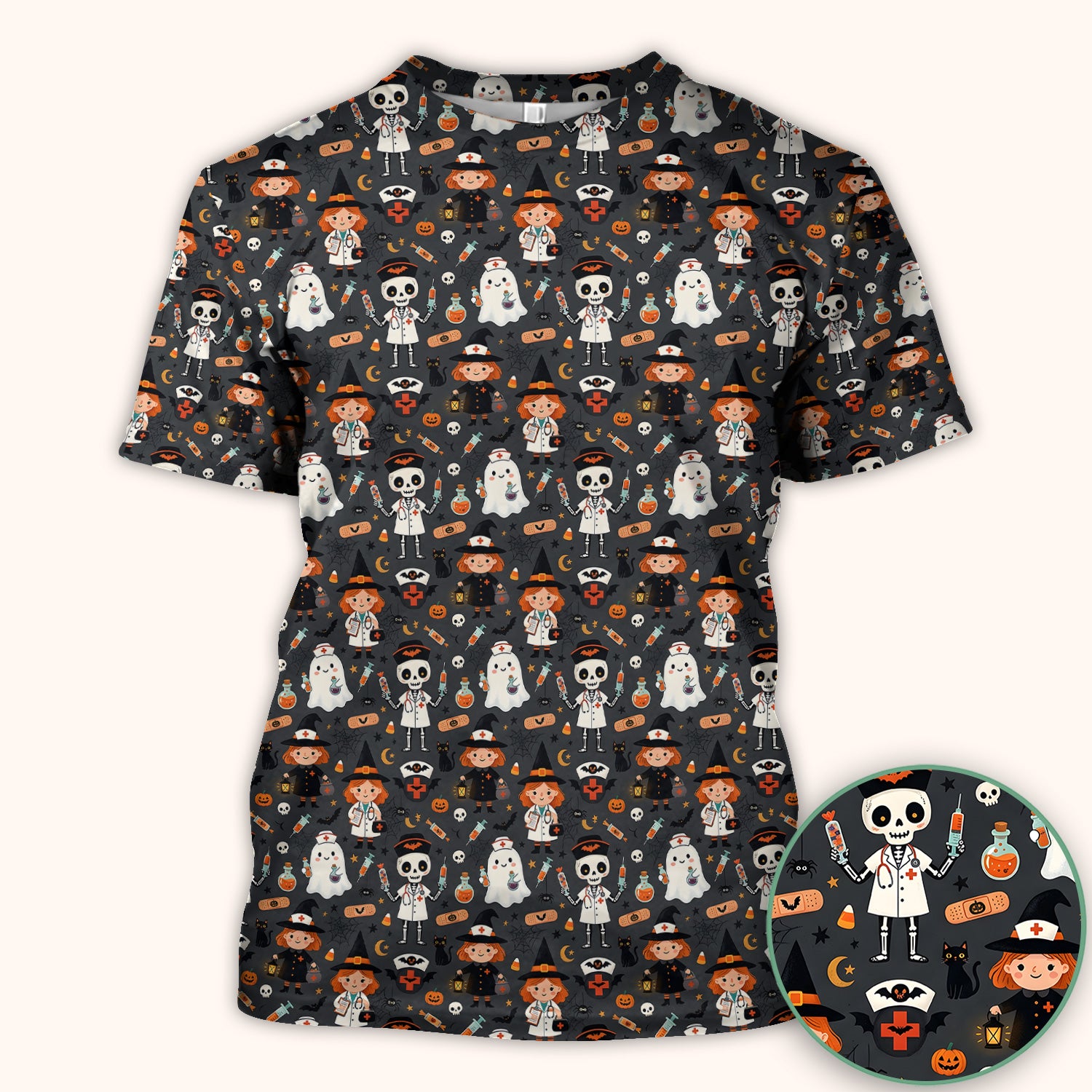 Halloween Witch And Skeleton Nurse Scrub Top, Comfortable Scrubs for Nurses