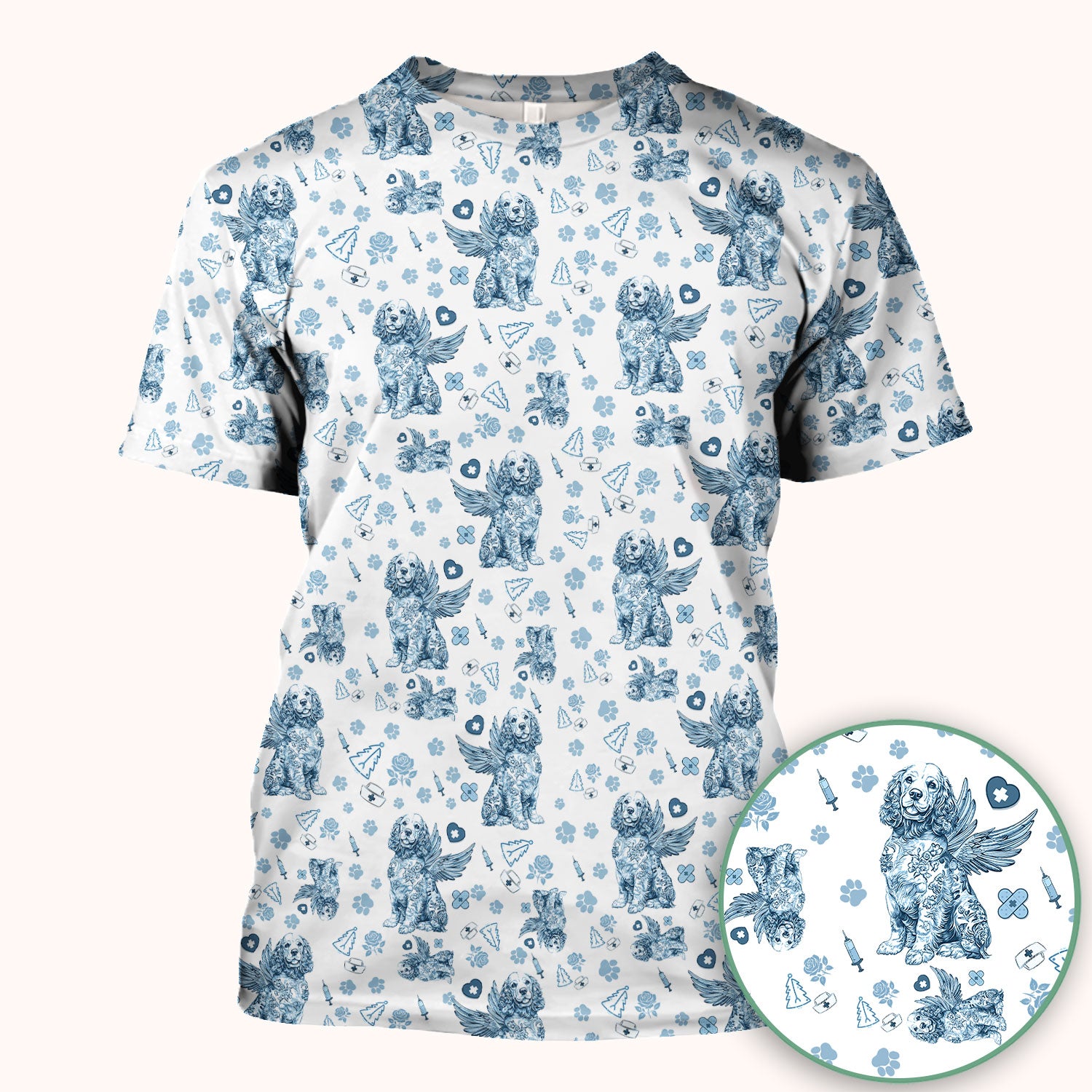 Toile De Jouy Scrubs for Nurses - Angel Puppy Medical Uniform - Floral Dog in Heaven Gift for Women, Vet Techs, RN CNA LPN