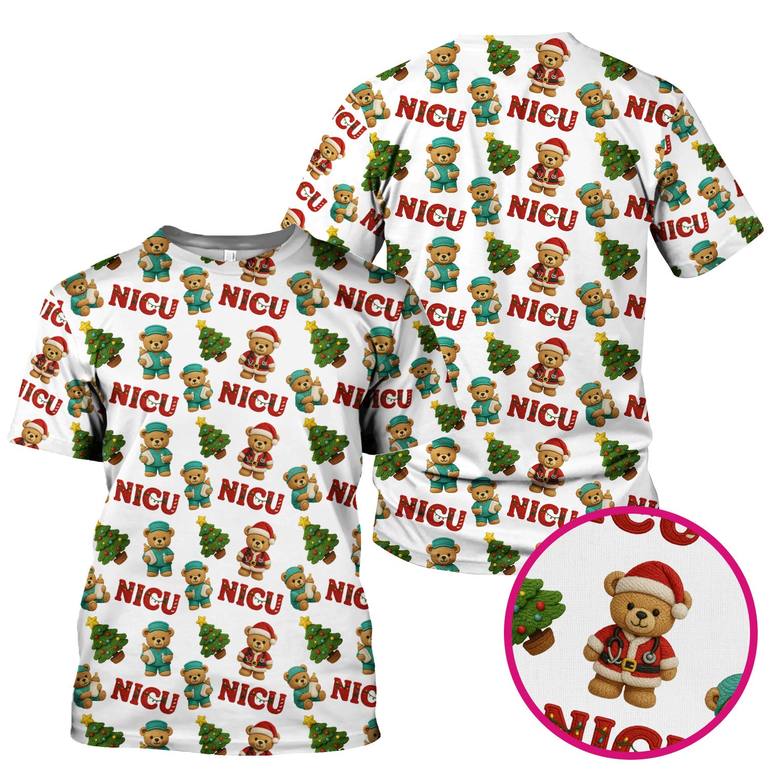 Festive Christmas NICU Nurse Teddy Bear Pattern, Breathable Fabrics Nursing Uniform