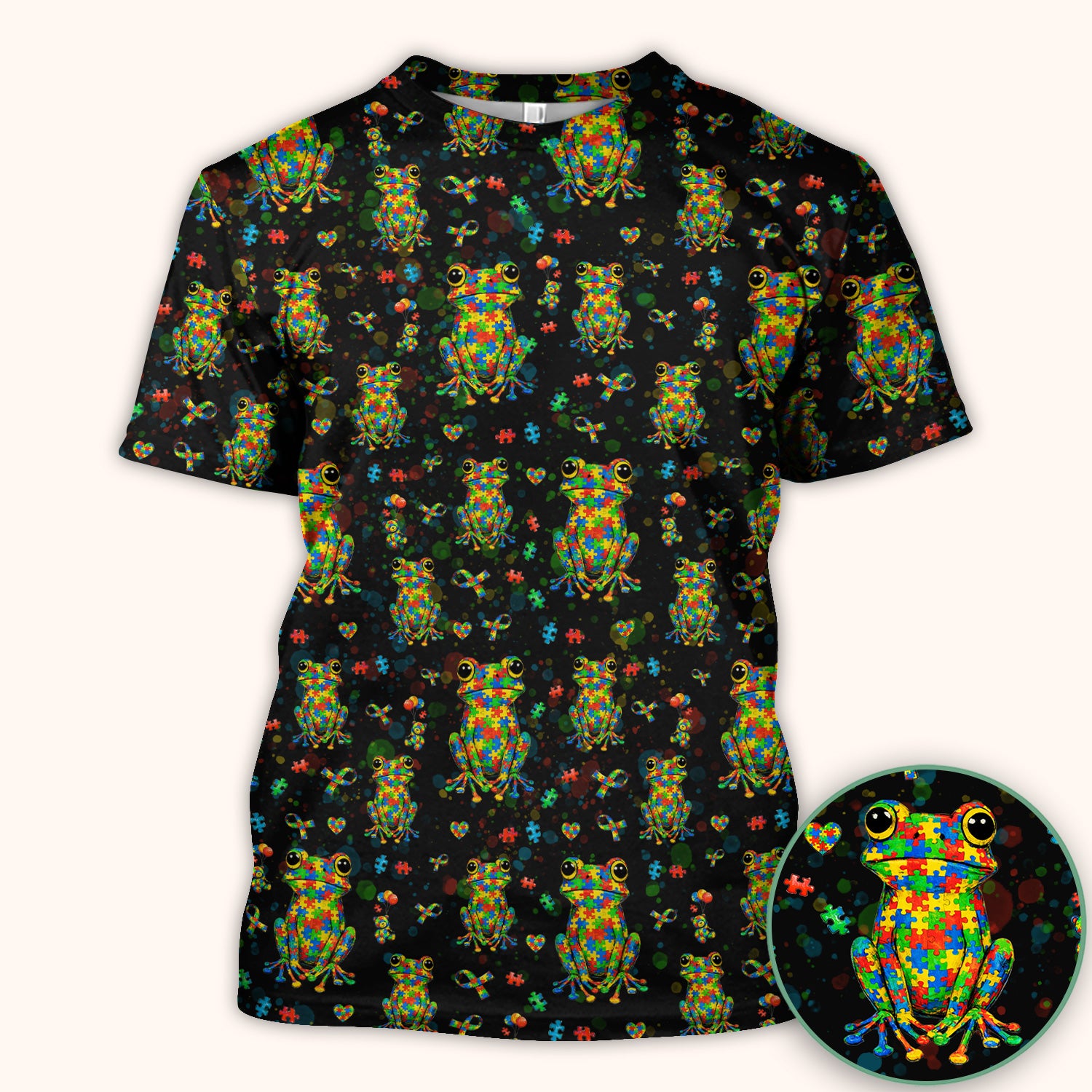 Colorful Autism Puzzle Frog Pattern Scrubs Top, Comfortable Scrubs for Nurses