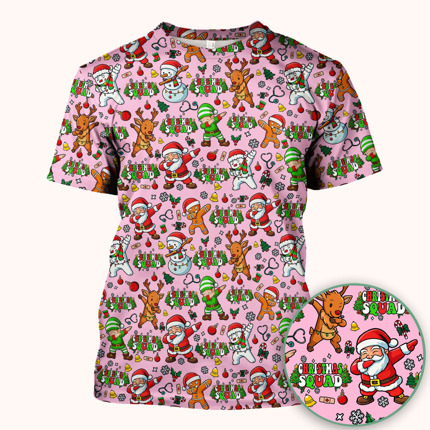 Christmas Squad Scrub Top - Dancing Santa, Reindeer & Elf Shirt - Funny Holiday Medical Uniform for Nurses, Doctors & Vet Techs