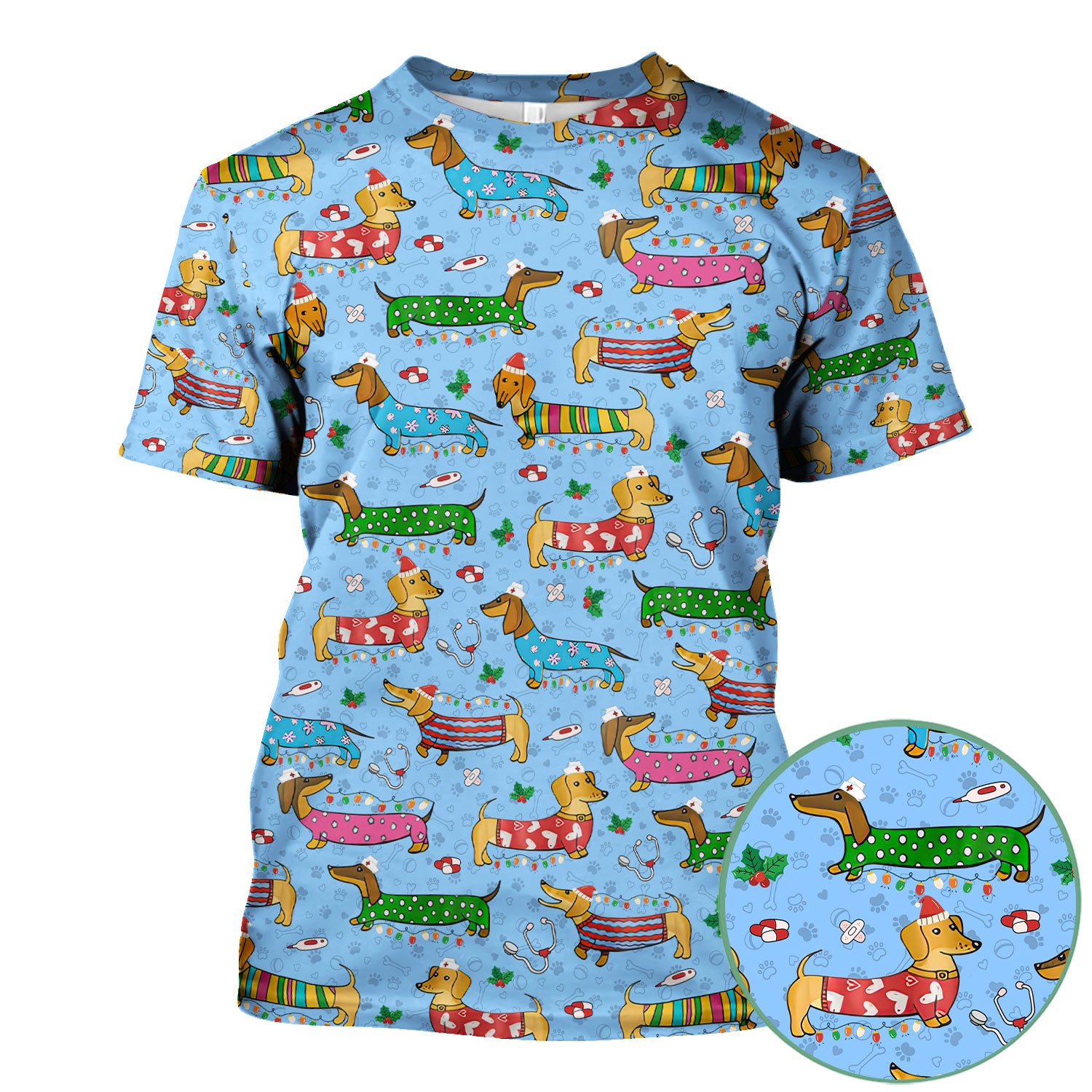 Christmas Dachshund Nurse Scrub Top - Cute Wiener Dog in Holiday Outfit - Funny Medical Shirt Gift for Women RN LPN CNA