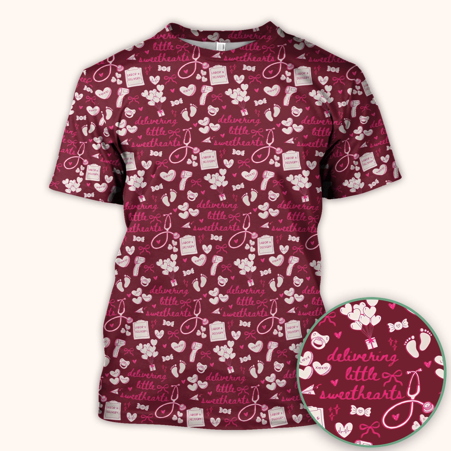 Valentine Labor And Delivery Scrub Top, XOXO Pattern Scrub Shirt, Breathable Fabrics Nursing Uniform For Women