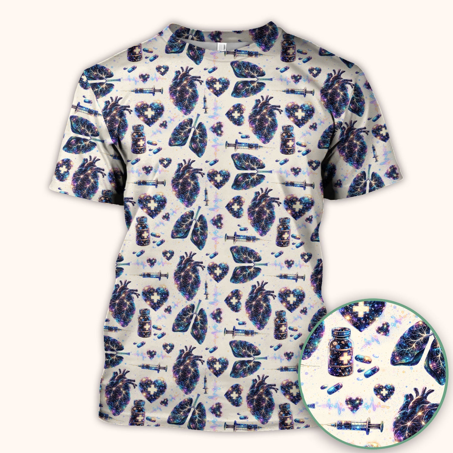 Galaxy Anatomical Heart Lung Syringe Print Scrub Top, Breathable Fabrics Nursing Uniform