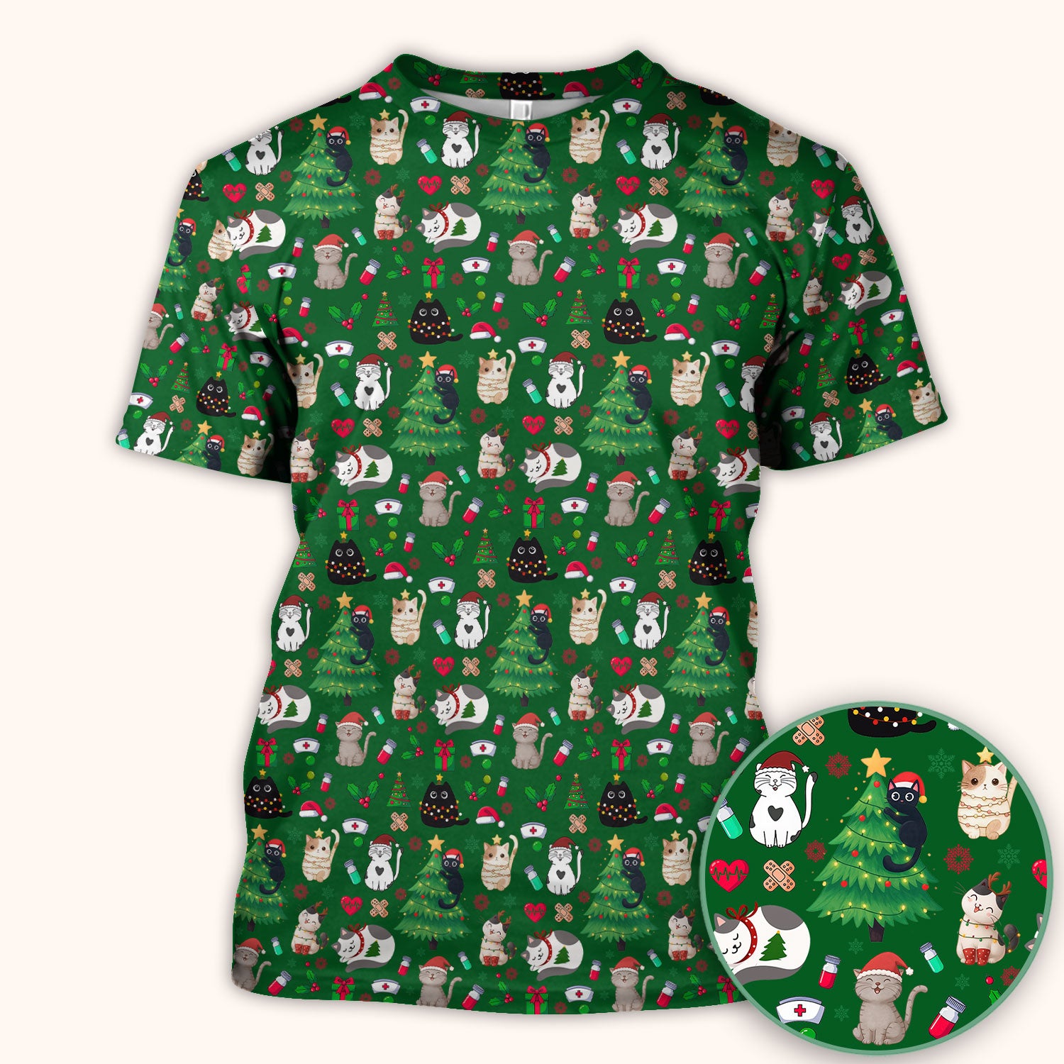 Christmas Cat Scrub Top, Xmas Pet Pattern Scrub Shirt, Breathable Fabrics Nursing Uniform