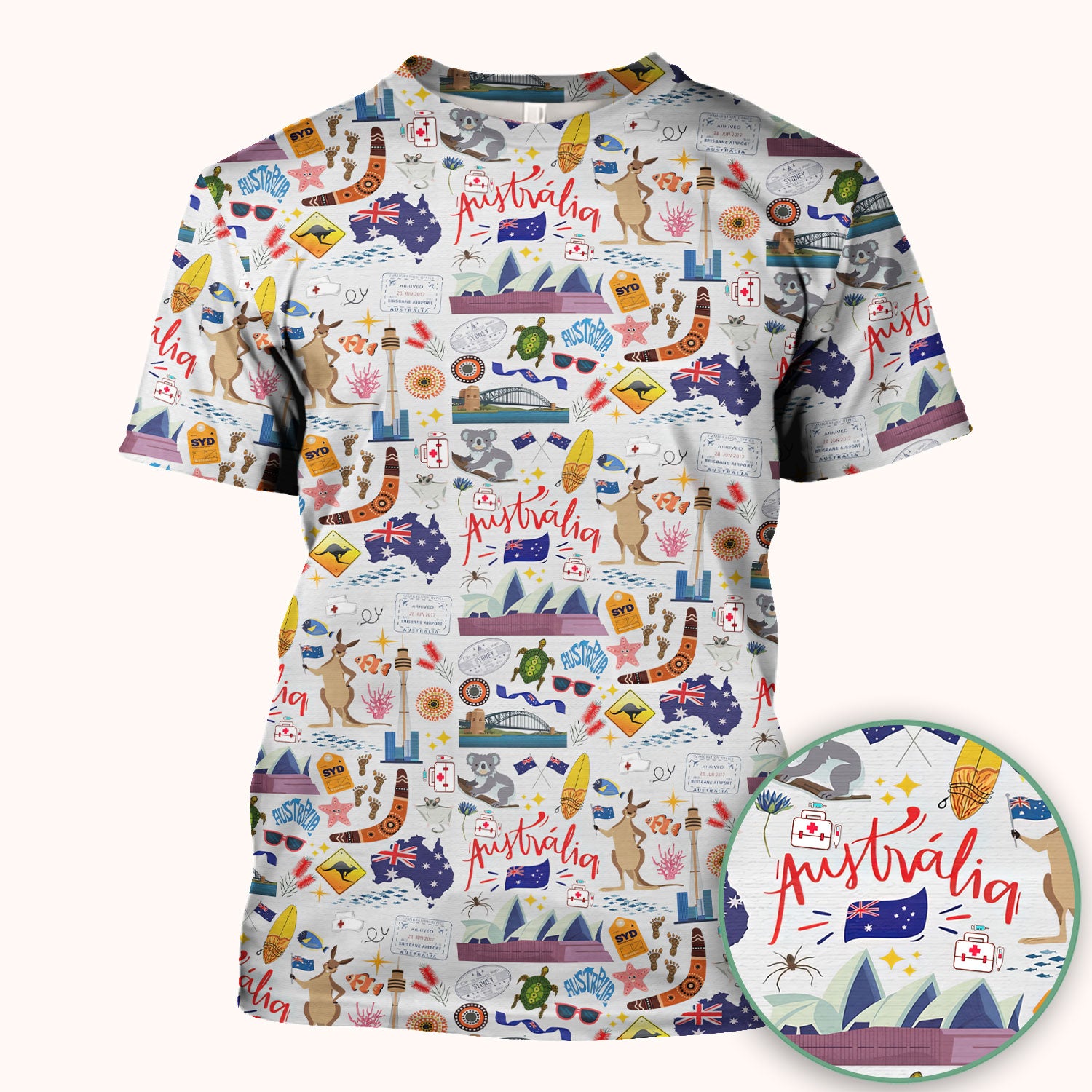 Australia Scrub Top for Women - Aussie Icons with Kangaroo Koala Opera House - Travel Medical Uniform Gift for LPN RN CNA