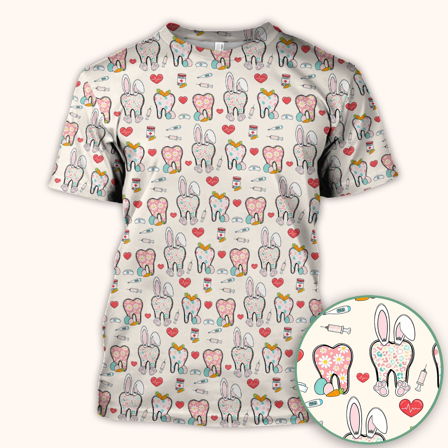 Playful Bunny Dentist Illustration Medical Scrub Top, Comfortable Scrubs for Nurses, Easter