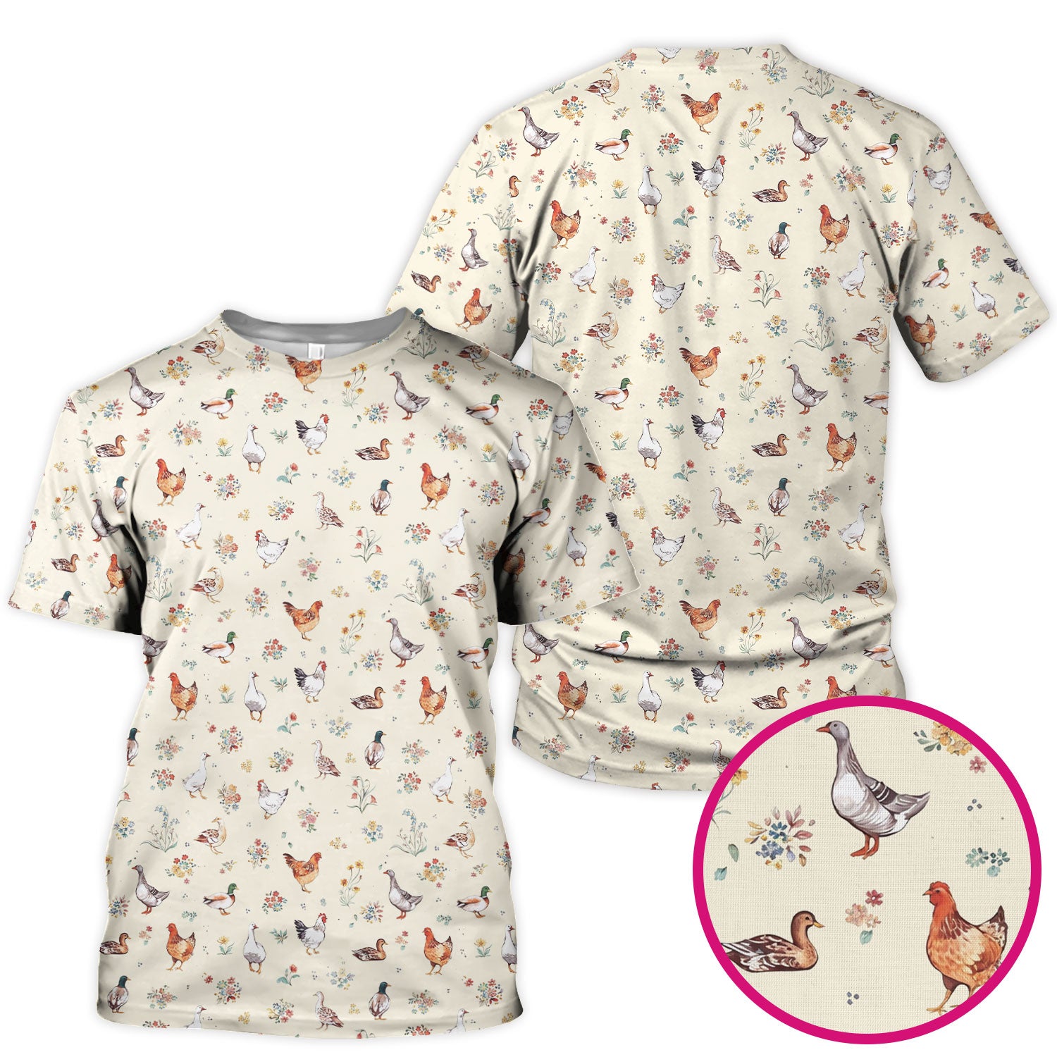 Farm Chicken Duck Floral Pattern Scrubs Top, Comfortable Scrubs for Nurses