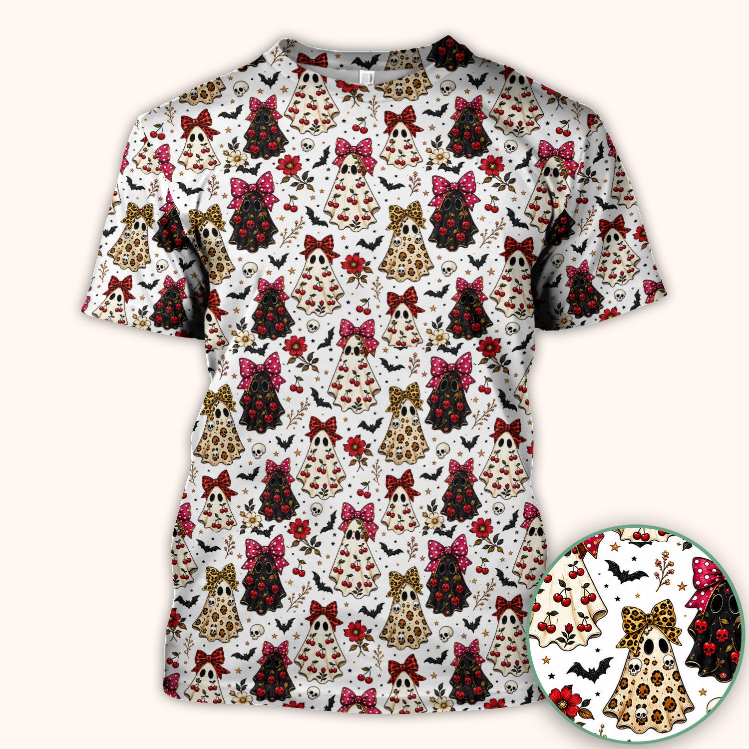 Spooky Halloween Ghost Pattern Scrub Top, Comfortable Scrubs for Nurses